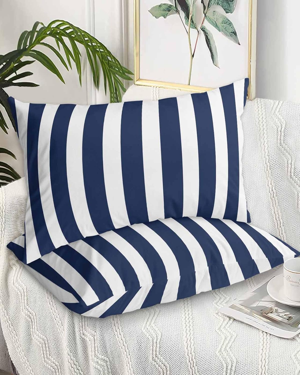 Navy Blue Stripes Pillow Cases King Size Modern White Blue Striped Pillow Cover Decorative Throw Pillow Covers Set of 2 - Pillowcases for Bedroom Couch Sofa - Gifts for Women Men 20x36 Inch