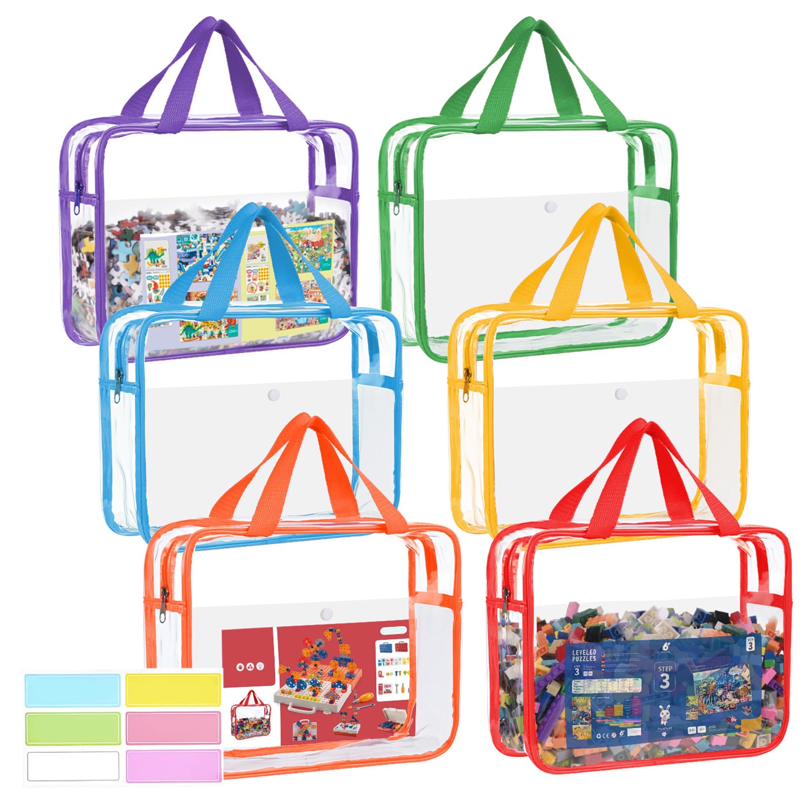 Hiitytin 6 Packs Clear Toy Storage Bags with Zipper & Labels, Clear PVC Toy Organizer Bags Reusable with Pocket for Board Games, Building Blocks, Puzzles, Toys