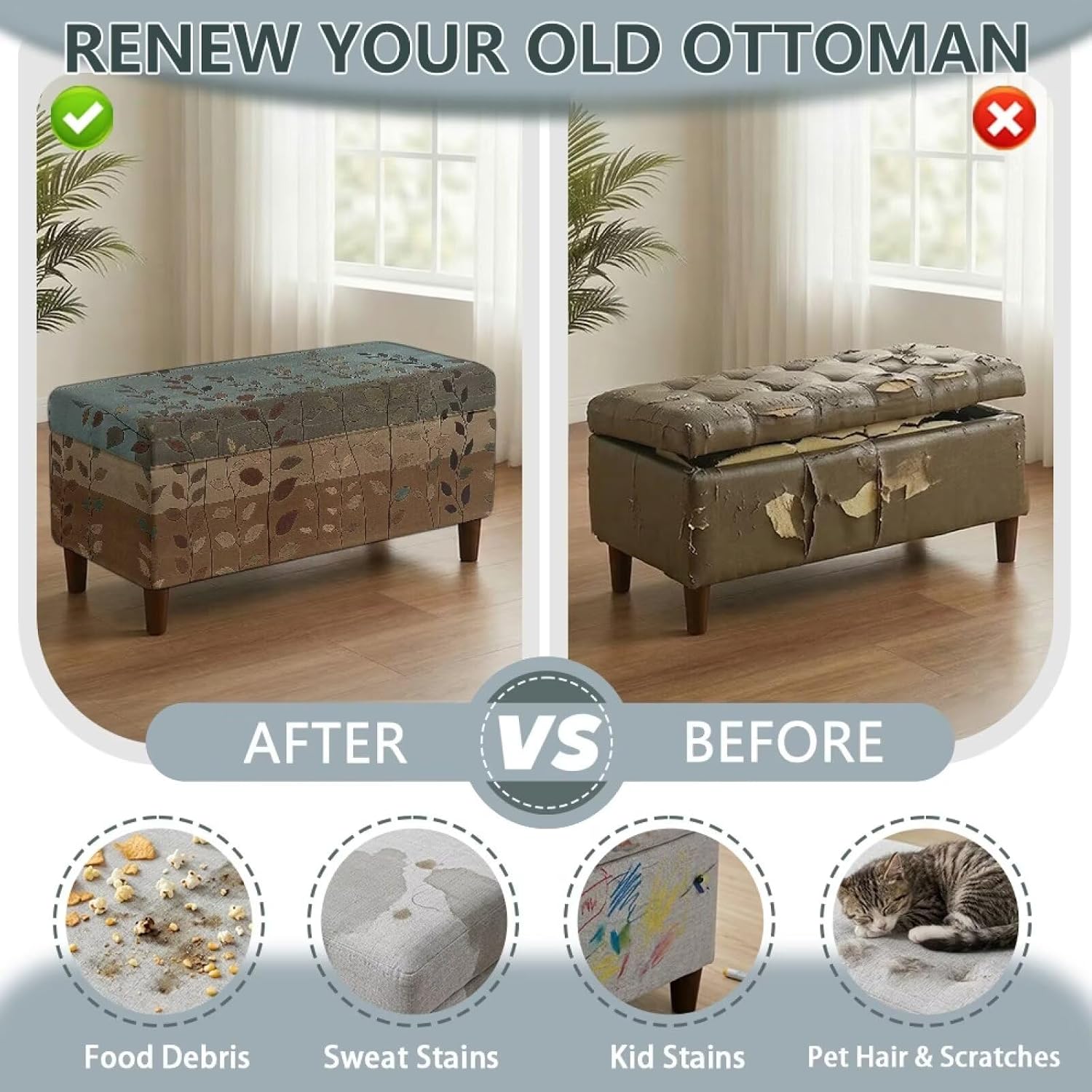 Wood Texture Leaf Print Stretch Ottoman Slipcover Folding Storage Stool Ottoman Cover Breathable Footstool Covers Slipcover Chair Covers for Living Room, M
