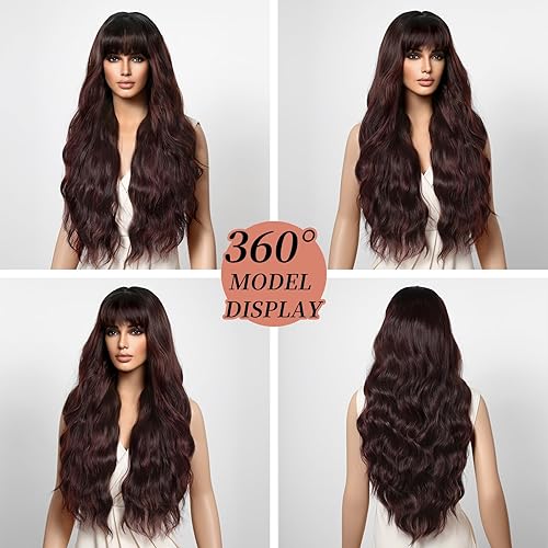 Miniatura 3 de YOGFIT Peluca plateada de color rojo oscuro con flequillo de 26 pulgadas de largo, peluca ondulada para mujer, de aspecto natural, sintética,