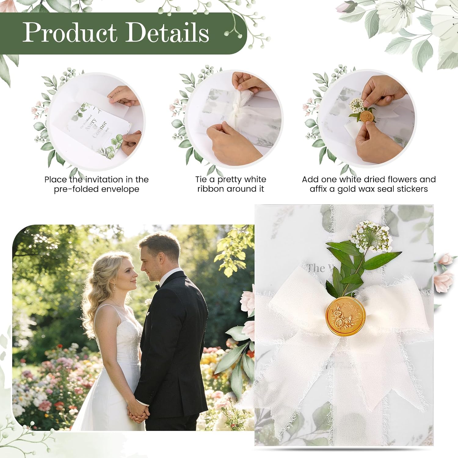 50 Sets Wedding Invitation Envelopes Kit,Pre-Folded Vellum Jackets for 5×7 Invitations Self Adhesive Gold Wax Seal Stickers,Ribbon and White Dried Flowers,Perfect for handmade DIY Wedding Invitations