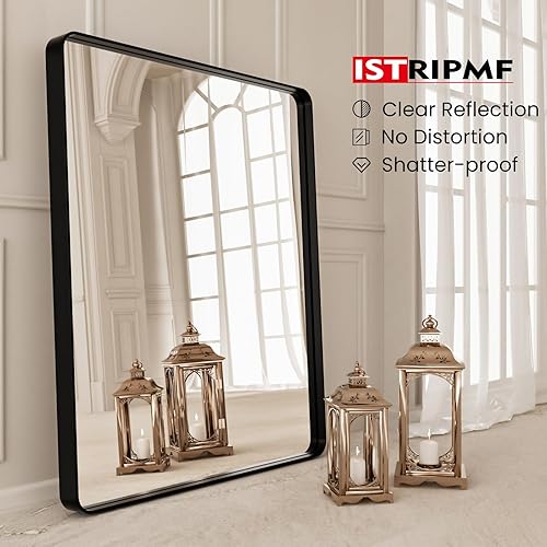 Miniatura 5 de ISTRIPMF Espejo de tocador de baño negro de 28 x 36 pulgadas, espejo rectangular redondeado negro mate para pared de baño, vidrio templado,