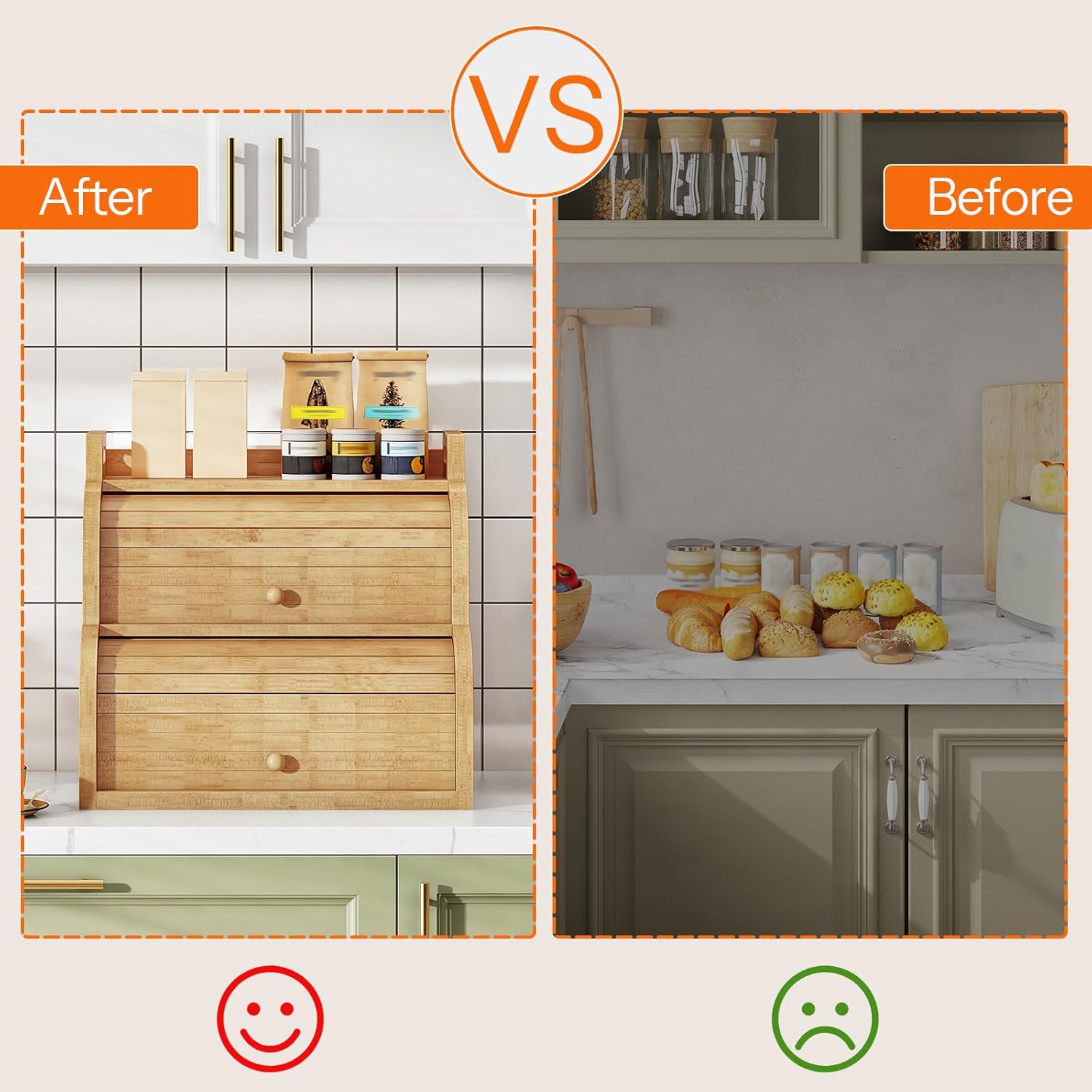 HOOBRO Bread Box, Bamboo Bread Box for Kitchen Countertop, 2-Tier Roll-Top Bread Bin, Food Storage Box, Bamboo Storage Cabinet with Handles, for Kitchen, Dining Room, Natural YL15MB01