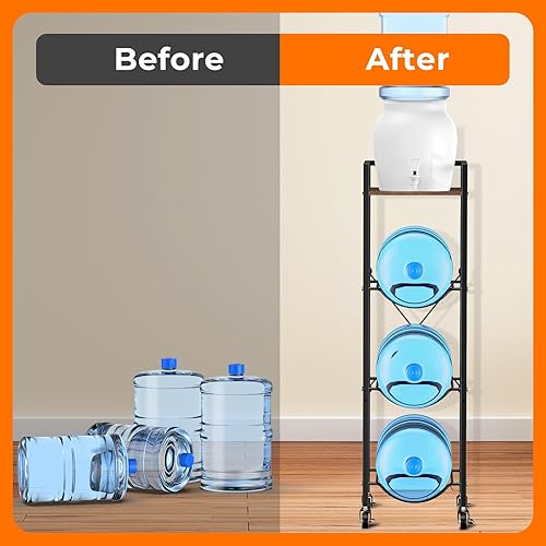 Miniatura 7 de Soporte para jarra de agua de 5 galones con ruedas, dispensador de jarra de agua de 5 galones, soporte de 4 niveles con mesa de madera, soporte para
