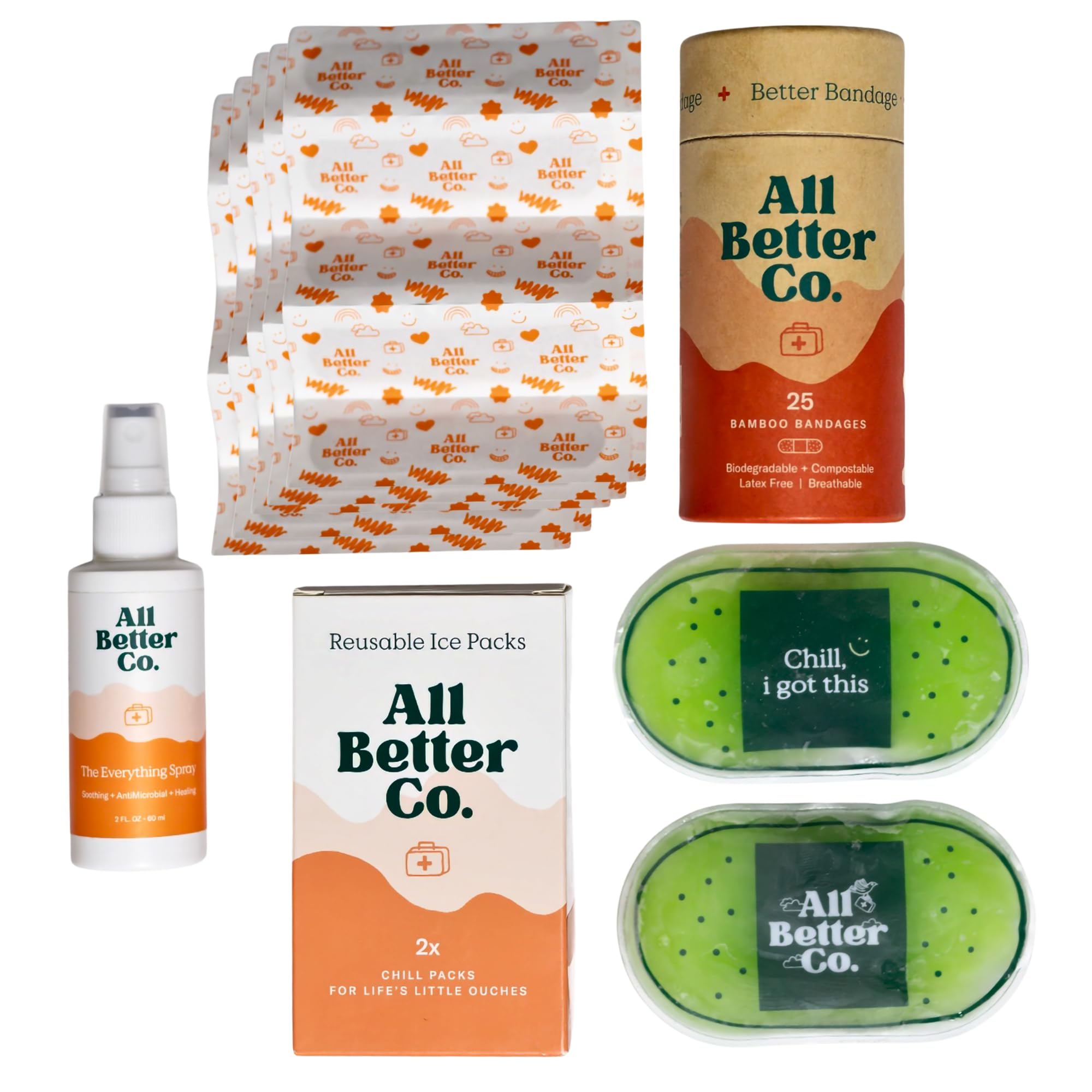 Komplettes Wellness-Erste-Hilfe-Set – Alles Spray, Bio-Bambus-Bandagen (25 ct) & 2 wiederverwendbare Softgel-Eisbeutel – natürliche Hautpflege & Erste-Hilfe-Essentials für Zuhause und Reisen