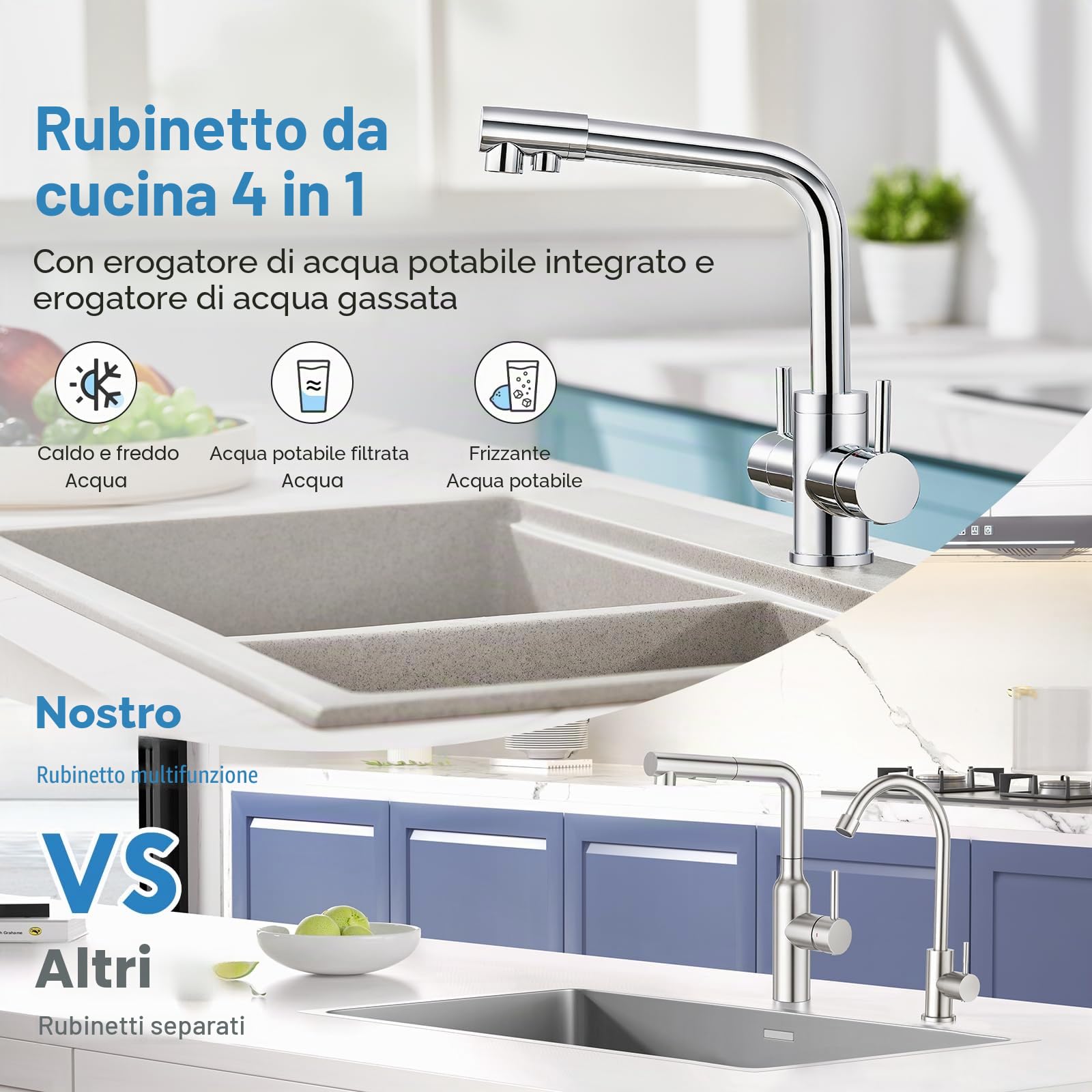 Rubinetto per Lavello da Cucina a 4 vie a Doppia Leva Miscelatore con Acqua Potabile e Soda per Filtro acqua e Gorgogliatore, cromato lucido