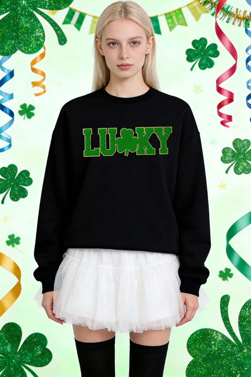 St Patricks Day Sweatshirts for Women Irish Lucky Clover T-Shirts Embroidered St Pattys Sweater Long Sleeve - Image 4
