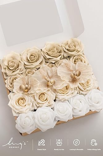 Miniatura 5 de Ling's Moment Flores artificiales, rosas de seda falsas, combinación de dalia de espuma sintética para bricolaje, ramos de boda, centros de mesa,