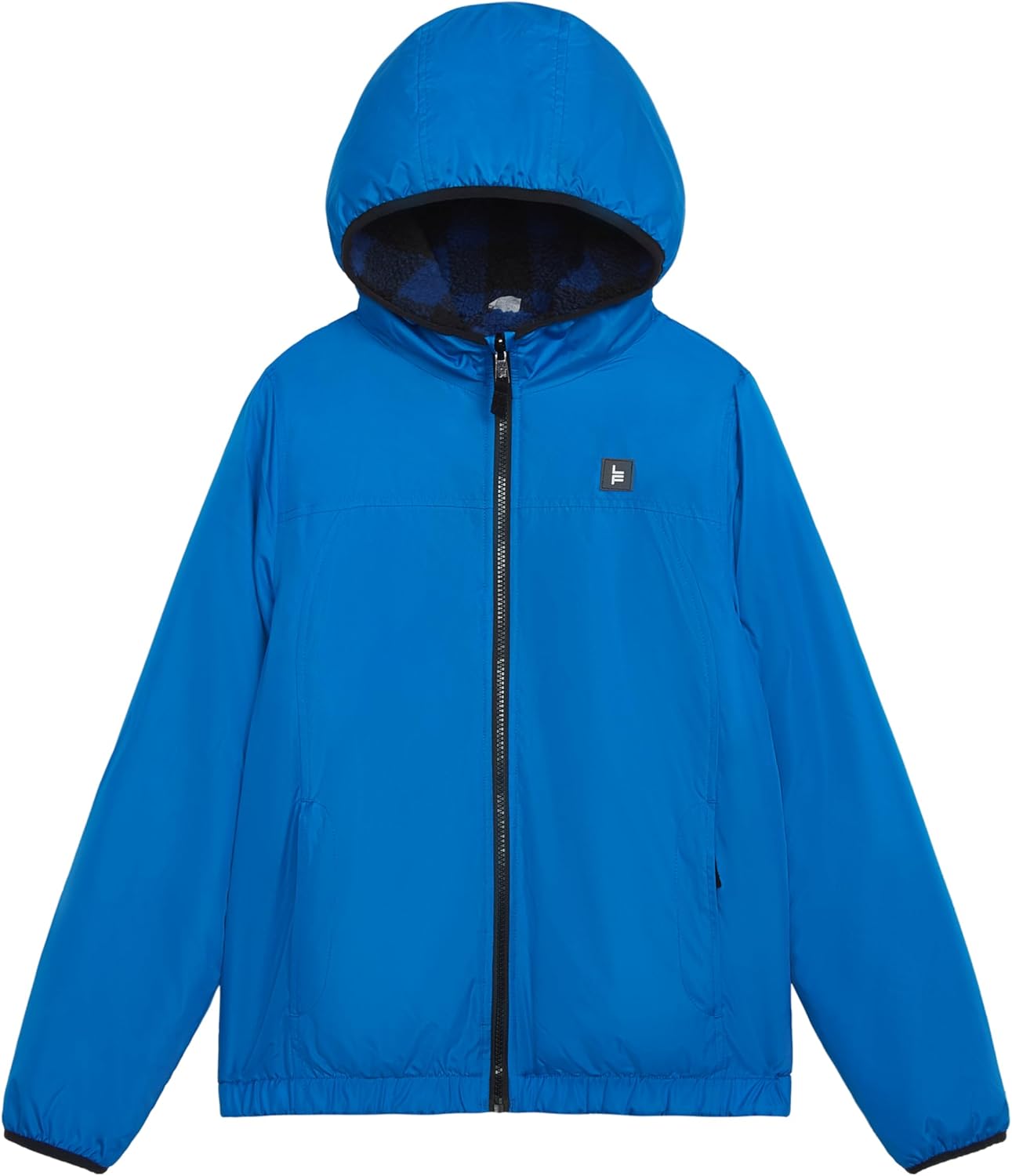 LONDON FOG Boys' Reversible Midweight Hooded Jacket, Blue to Checked Fleece