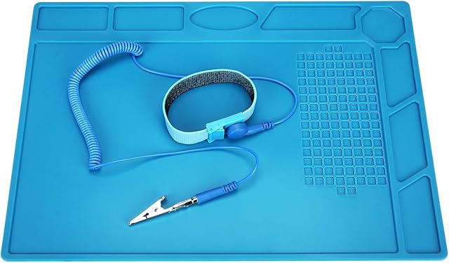 Soldering Mat,Insulation Silicone Welding Pad Repair Work Kit with Anti-Static Wrist,932°F Heat Resistant Silicone Work Pad for Soldering Iron,Phone and Computer Repair, 13.8X 9.8Inch