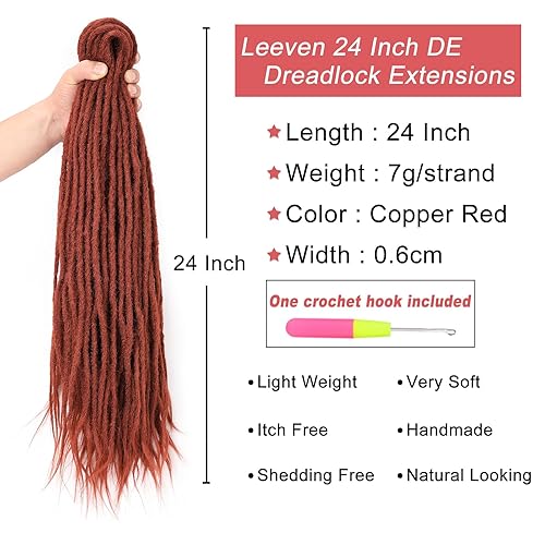 Miniatura 2 de Leeven Extensiones de rastas de doble punta de 24 pulgadas, color jengibre sintético hecho a mano, rastas de ganchillo rojo cobre, estilo reggae de