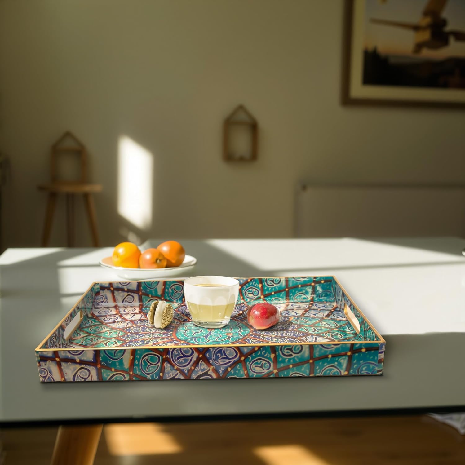 Serving Trays Set of 2, Decorative Plastic Serving Trays with Handles, Party Tray for Food, Coffee Table, Ottoman, Bathroom, and Living Room (Blue Bohemian) - Image 7