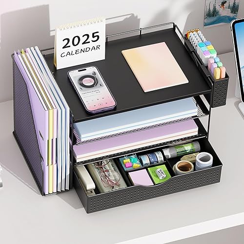 Miniatura 6 de gianotter Organizador de bandeja de papel para cartas, organizador de escritorio de 5 niveles con cajón y soporte para bolígrafos, almacenamiento de
