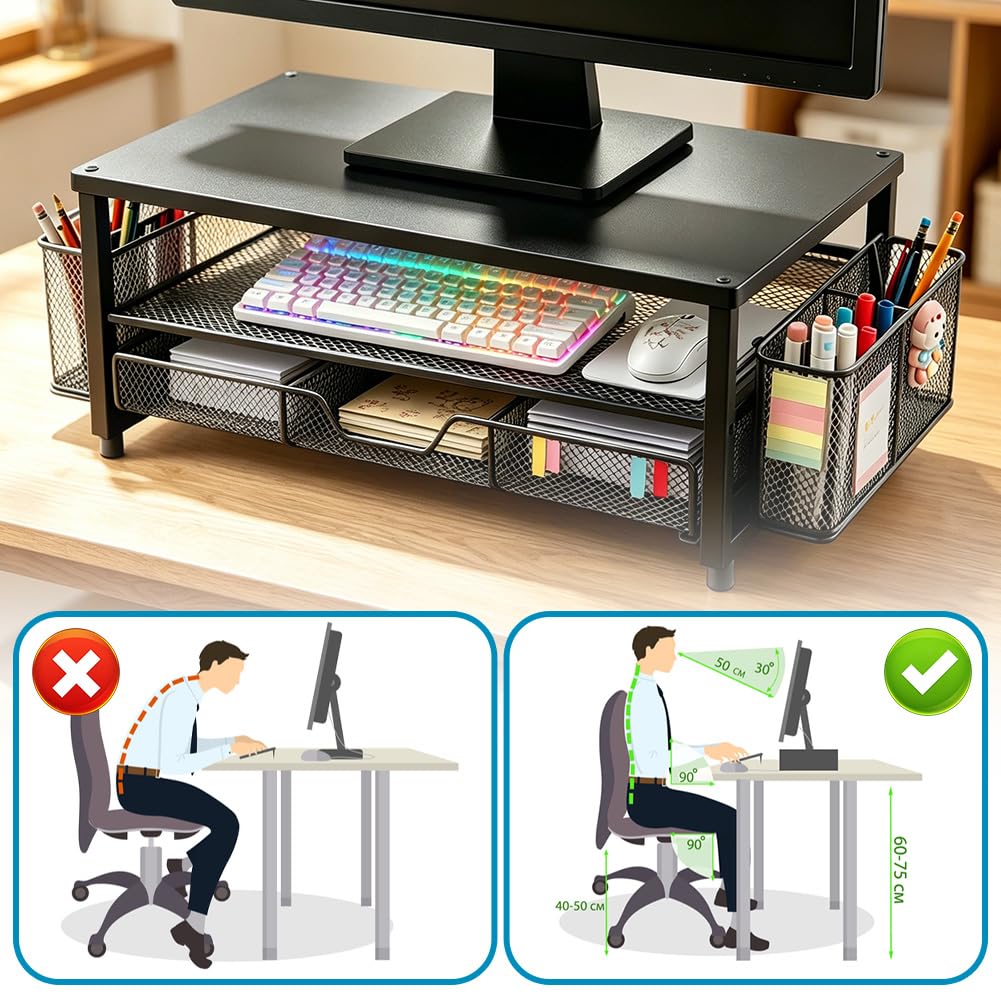 Supporto per monitor da scrivania con cassetto e 2 portapenne, supporto ergonomico per monitor e laptop, supporto da scrivania per accessori da ufficio, supporto per laptop con ventilazione (nero)