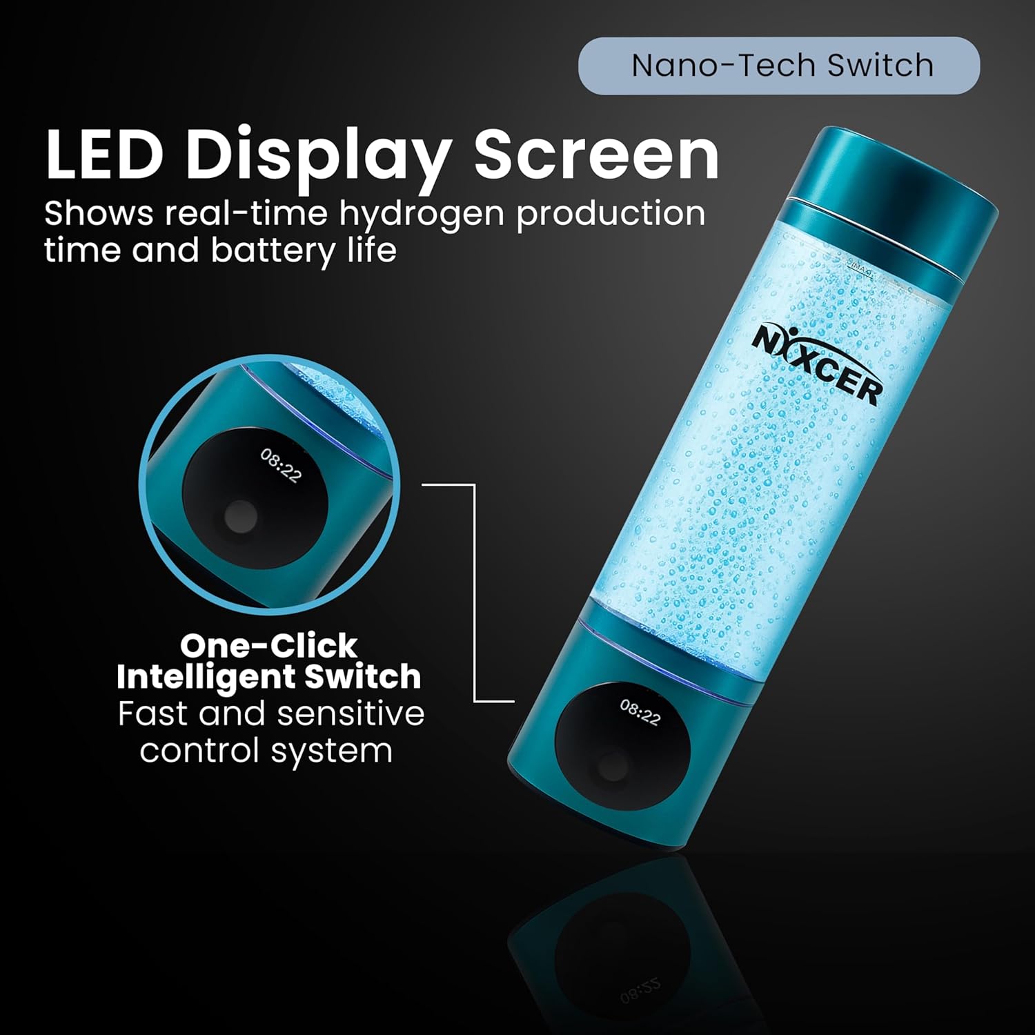 Hydrogen Pro Water Bottle – 8000PPB H2, SPE/PEM, OLED Display, Dual Mode (5/10 Min), USB-C Rechargeable – Portable Hydrogen Generator for Wellness, Recovery, Gym & Gift (Turquoise)