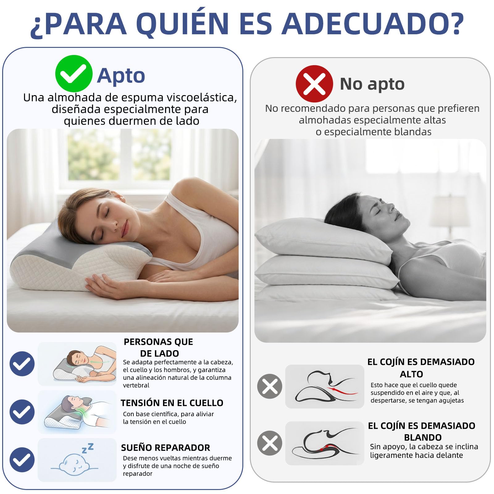 Almohada 2 en 1 de Espuma con Memoria, Ergonómica y Reversible | Doble Altura Soporte Cervical Perfecto para Dormir de Lado, Boca Abajo y Espalda, 60x42x14/12 cm, Gris y blanco