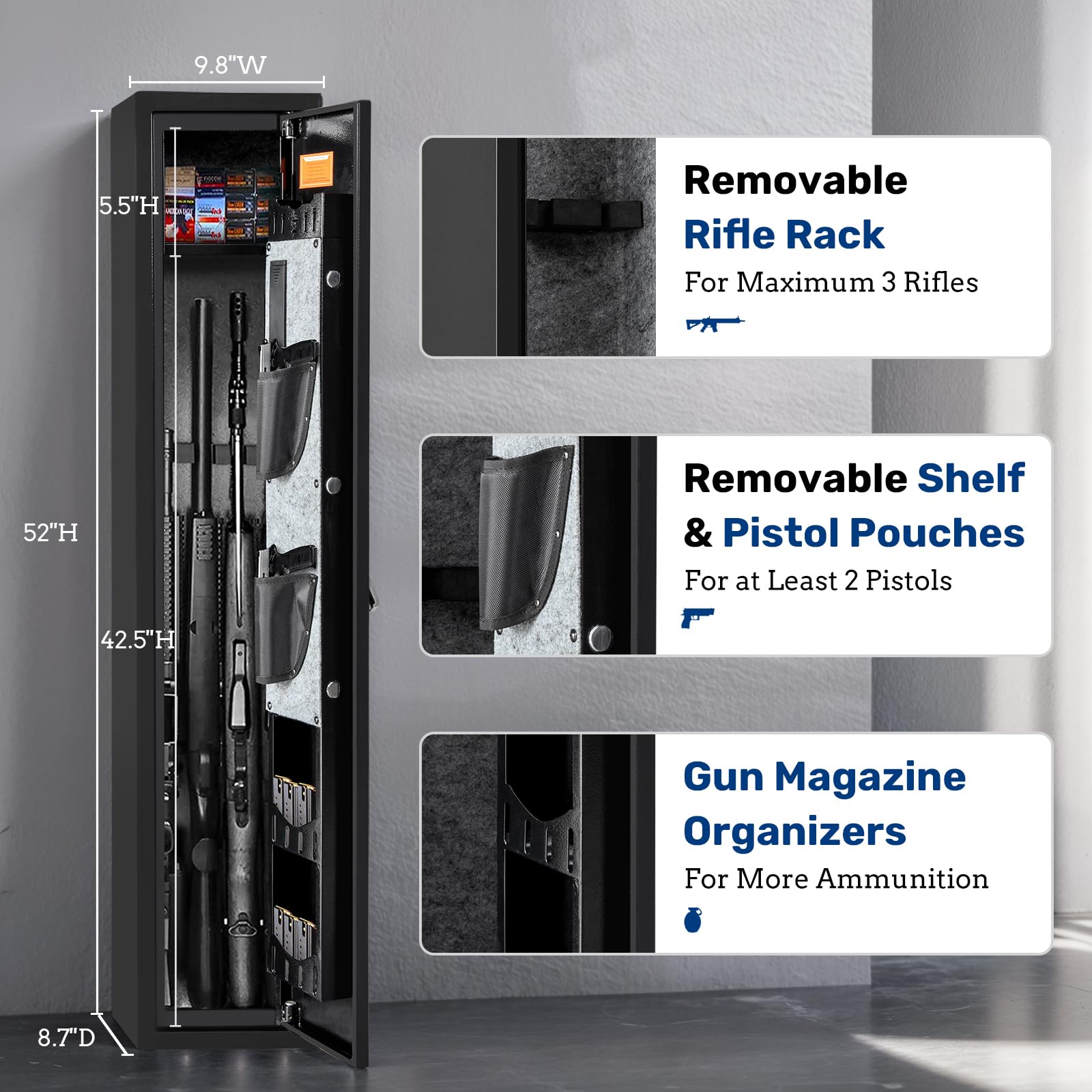3-Rifle Gun Safe With Digital Lock - Quick Access Security Cabinet For Shotguns And Pistols