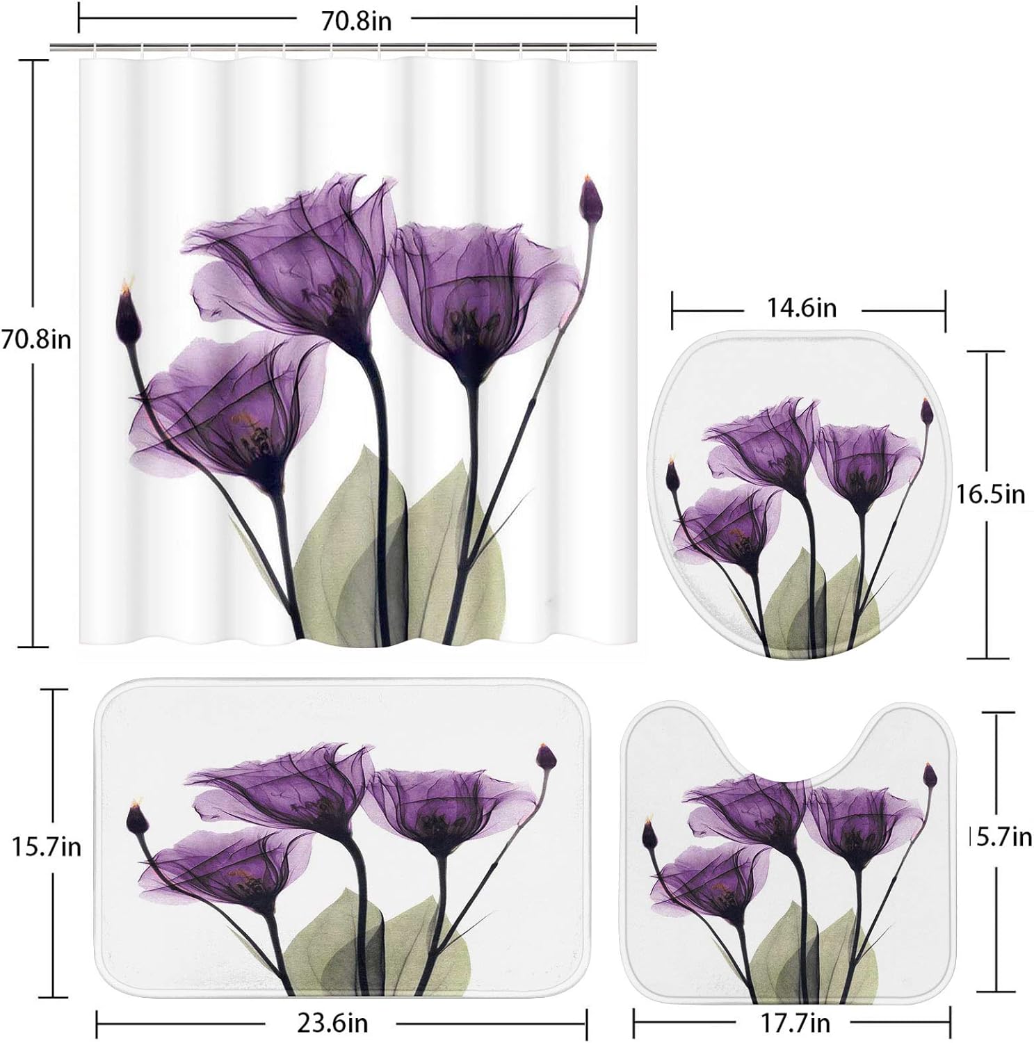 ArtSocket 4 Pcs Shower Curtain Set Delicate Watercolor Flowers Beautiful Leaves Translucent Blue Botanical Bouquet with Non-Slip Rugs Toilet Lid Cover and Bath Mat Bathroom Decor Set 72" x 72" : Home & Kitchen