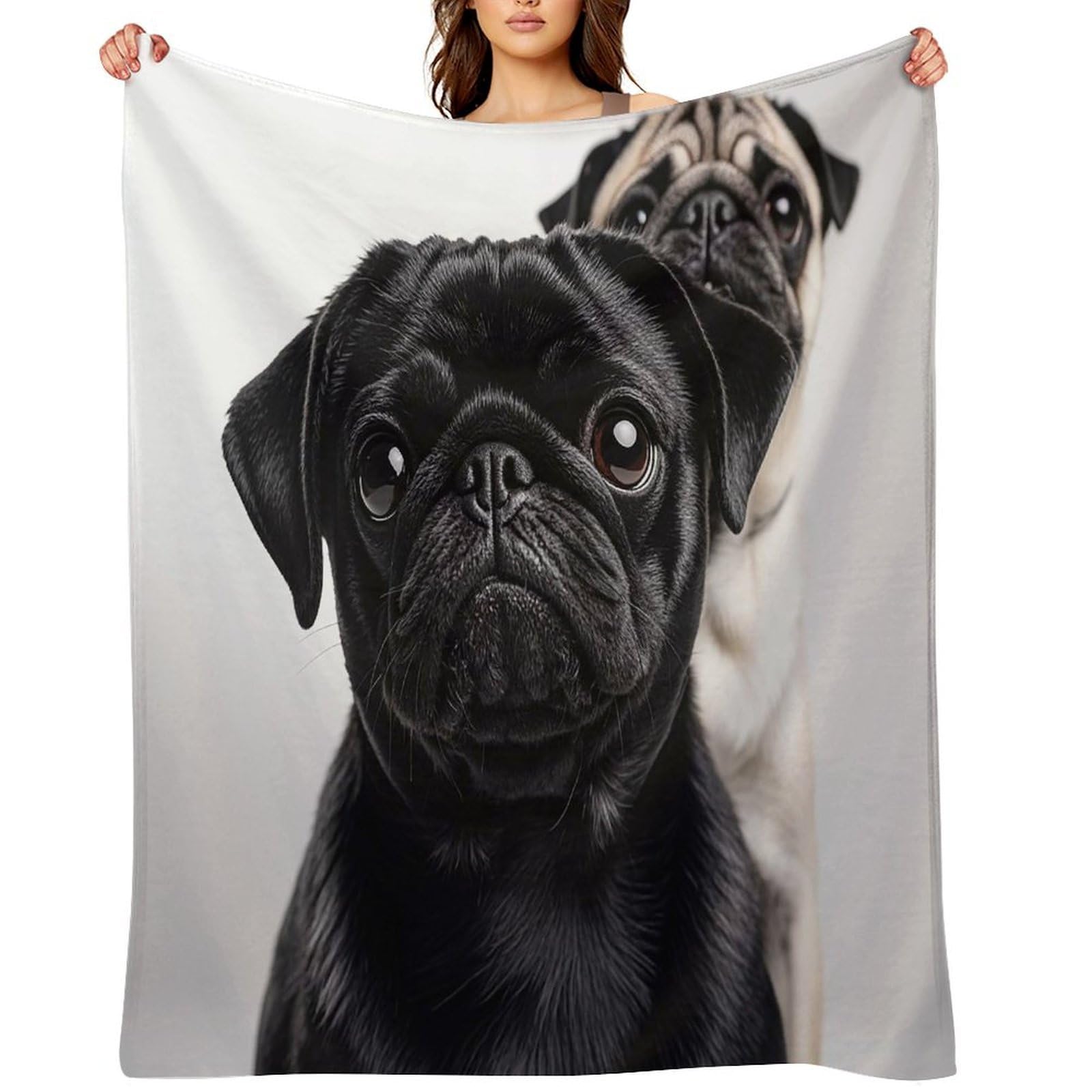 Flannel Fleece Throw Blanket - 50"x60" Super Soft Plush,Lightweight Wrinkle Resistant Cozy Cute Black Pug Dog Blanket for Couch Sofa Bed Travel Camping and Gift