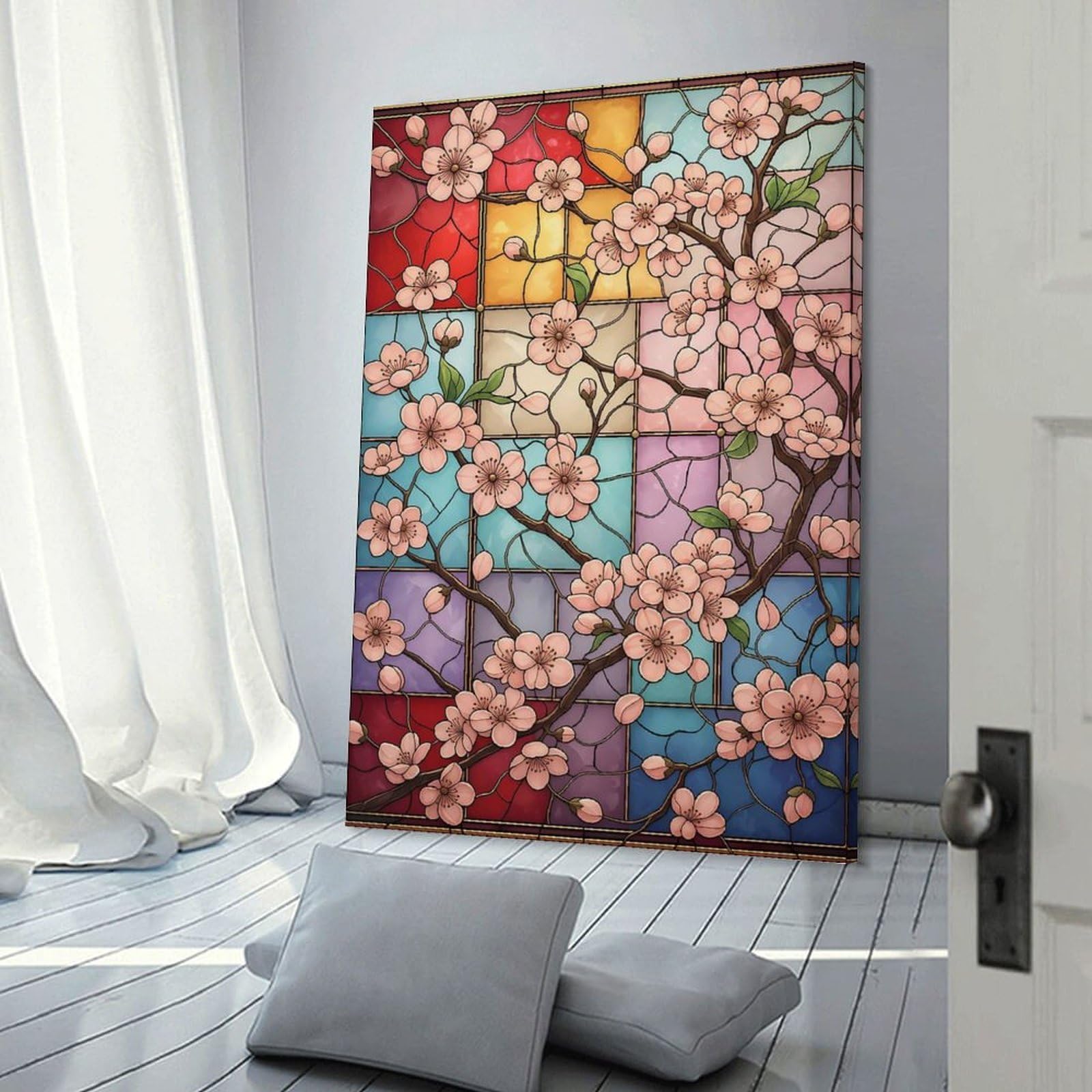 Junmoney Stained Glass Light Cherry Blossom Hanging Wall Art, 24x36inch(60x90cm), for Bedroom Walls, Guest Spaces Or Lounges, An Easy Wall Refresh for Bedrooms