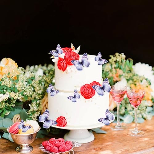 Miniatura 6 de ZpiLkes 30 adornos de mariposa 3D para cupcakes de mariposa azul y morado para fiesta de cumpleaños, suministros para aniversario, boda, fiesta,