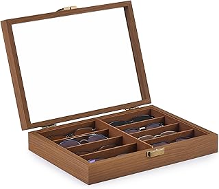 CO-Z Sunglasses Organizer with 8 Slots, Wood Eyeglasses Storage Box for Women Men, Lockable Display Case for Multiple Glasses, Glasses Holder for Watches Jewelry Collection, Walnut