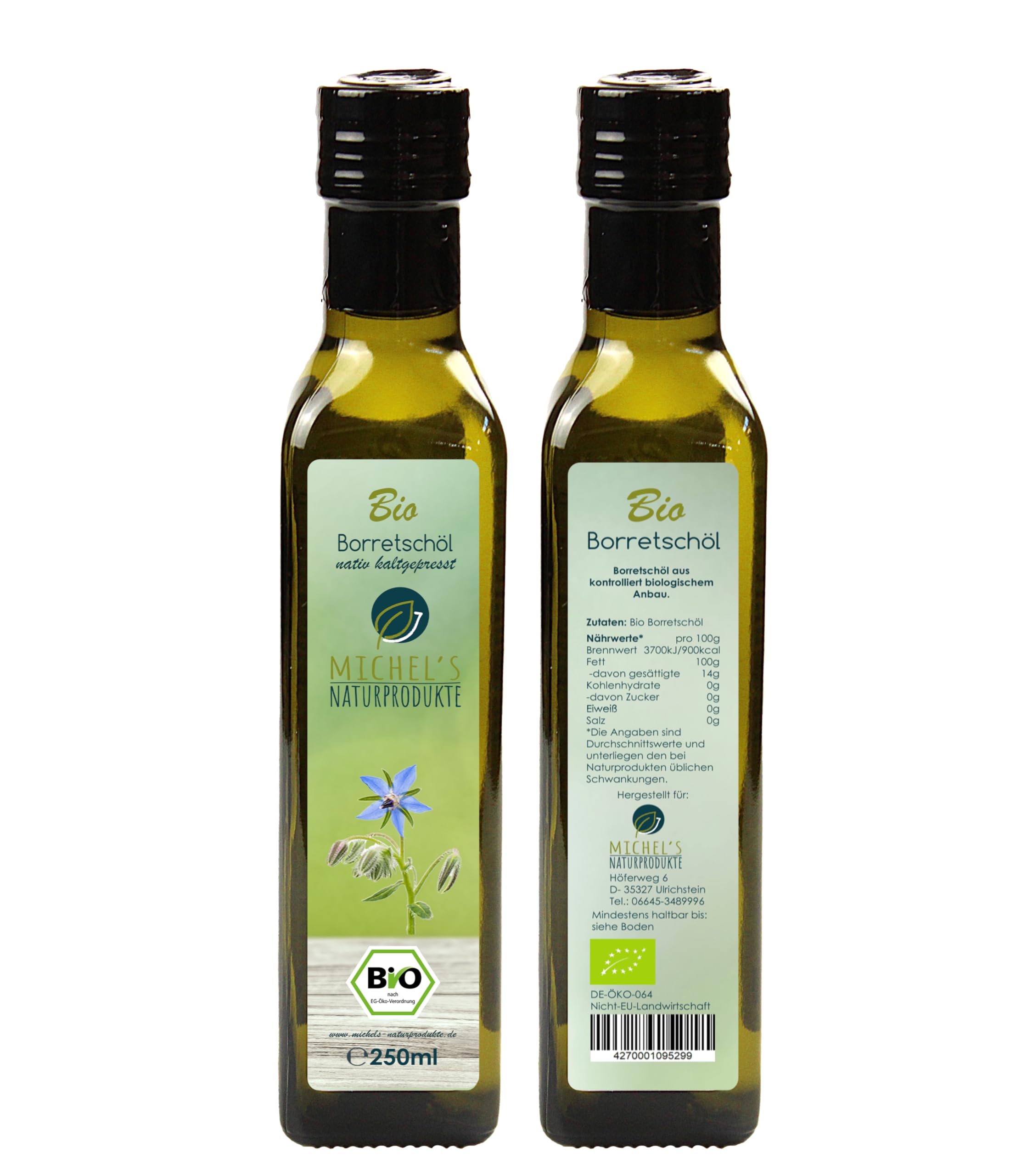 Bio Borretschöl Flasche 500ml (2x250ml) kaltgepresst aus 1. Pressung, natives Öl 100% naturrein