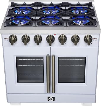 Forno Capriasca 36-Inch Freestanding French Door Gas Range with 6 Sealed Burners - Convection Oven with Antique Brass Handle & Knobs Professional Style Cooking Range - White