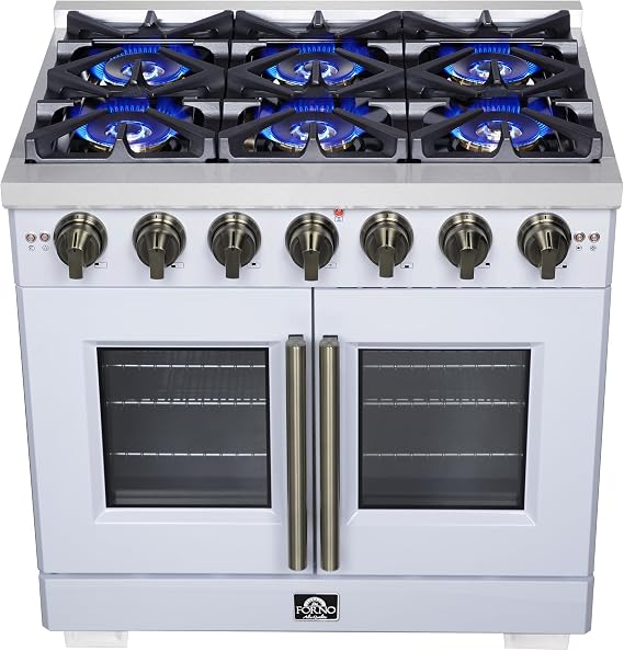 Forno Capriasca 36-Inch Freestanding French Door Gas Range with 6 Sealed Burners - Convection Oven with Antique Brass Handle & Knobs Professional Style Cooking Range - White
