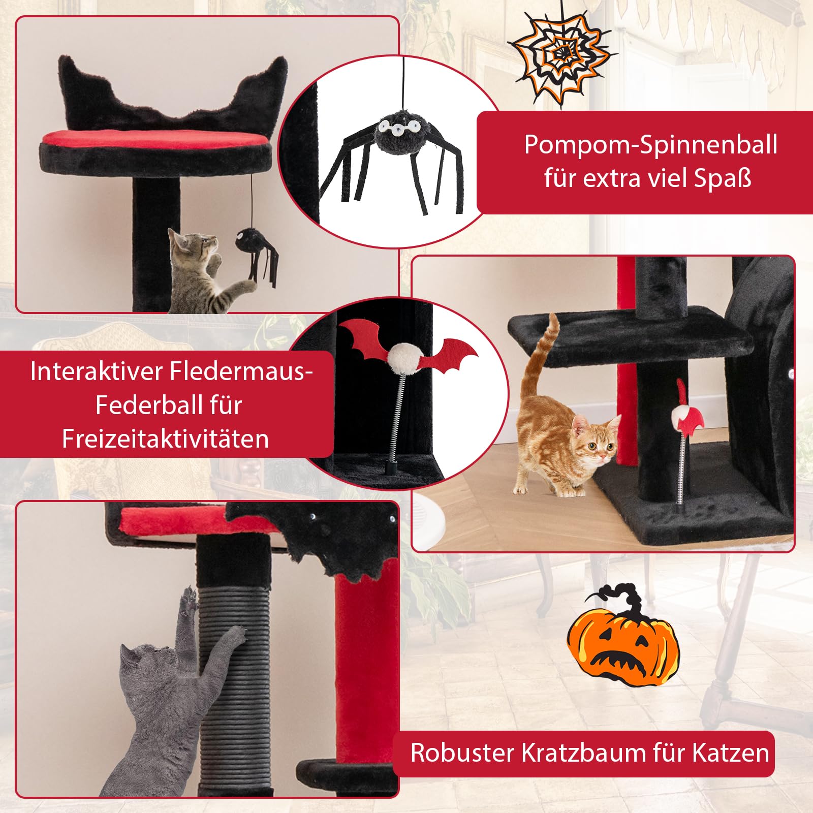 COSTWAY Gotycki drapak na Halloween, 134 cm, drzewko dla kota z kolumnami do drapaka, jaskinia dla trumny, platformy i zabawki pająki, drapak dla kota, gotycki, meble dla kotów, czarny + czerwony