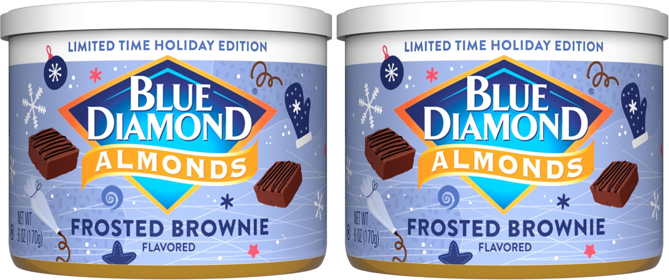 Holiday Frosted Brownie Flavored Sweet Snack Nut Almonds Perfect Size for On-The-Go,Holidays and Gatherings,Lunch,Adults and Kids,6oz Can,(Pack of 2)