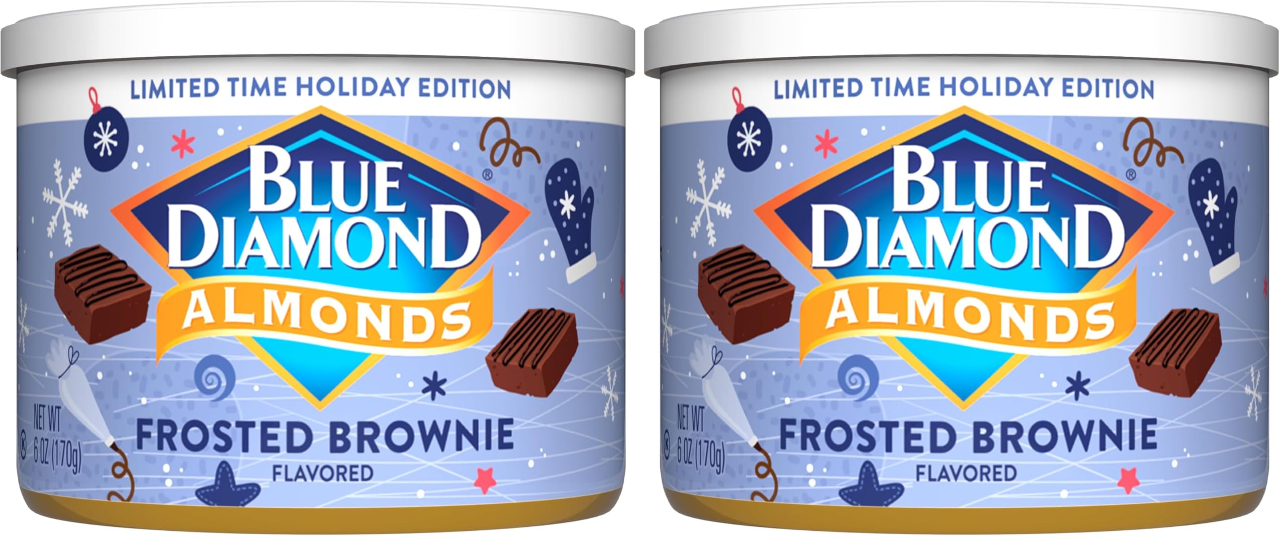 Blue Diamond, Holiday Frosted Brownie Flavored Sweet Snack Nut Almonds Perfect Size for On-The-Go, Holidays and Gatherings, Lunch, Adults and Kids, 6oz Can (Pack of 2)