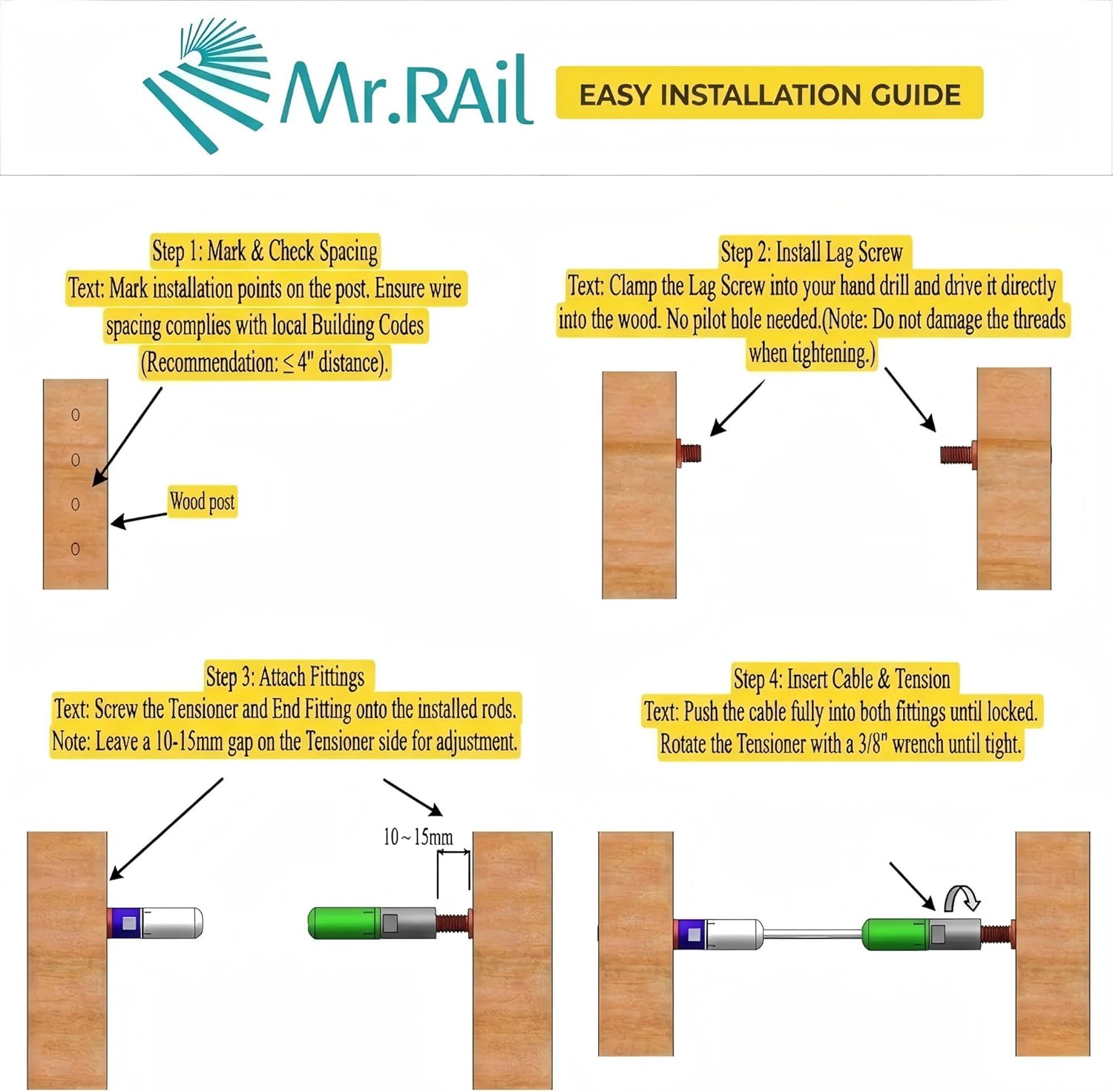 MR.RAIL Cable Railing Tensioner for Wood Posts, Quick Lock Swageless Cable Railing Kit Hardware for 1/8" 1x19 Cable, Horizontal Long Span Deck Railing System, 316L Stainless Steel, No Crimp (1 Pair)