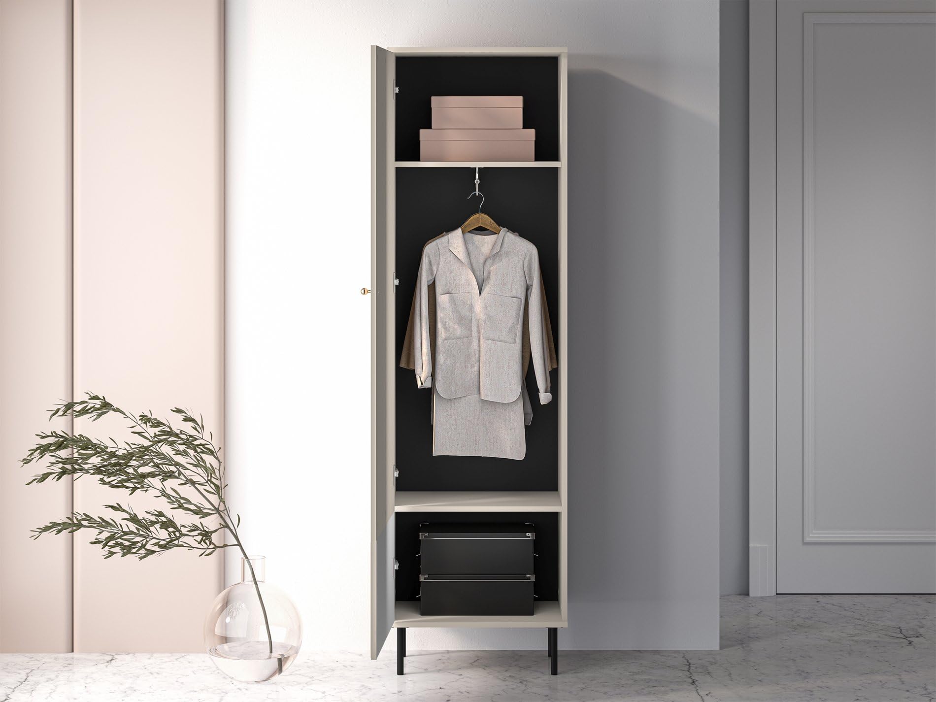 Selsey Caletto Kleiderschrank Schmal Hoch - 190 x 55 x 34 cm - Beigetön - Mit Kleiderstange, Soft-Close-Tür, Goldener Griff - Laminierte Platte, ABS-Kanten