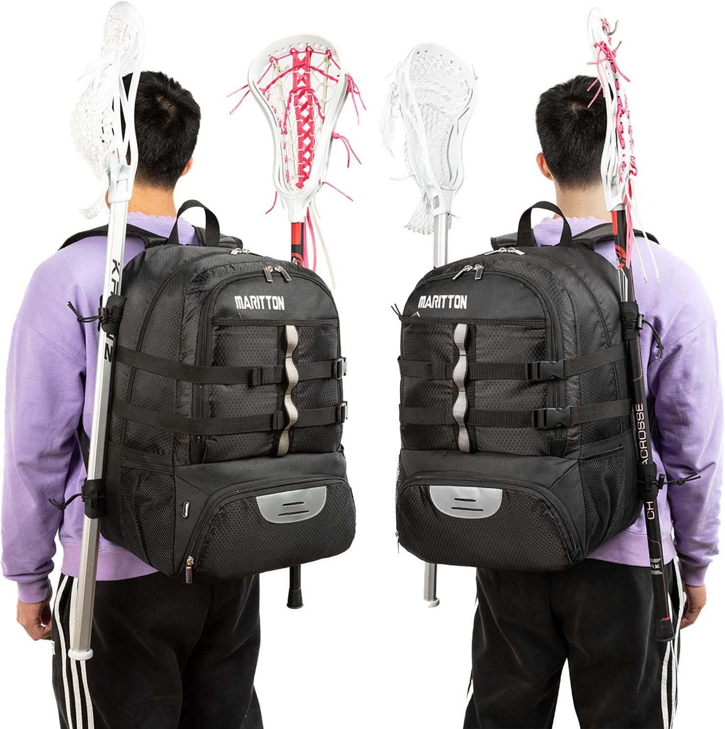 MARITTON Lacrosse Bag Backpack for Boy or Girl– Lacrosse Backpack Holds All Lacrosse or Field Hockey Equipment - Two Stick Holders and Separate Cleats Shoe Compartment. (BLK) : Sports & Outdoors