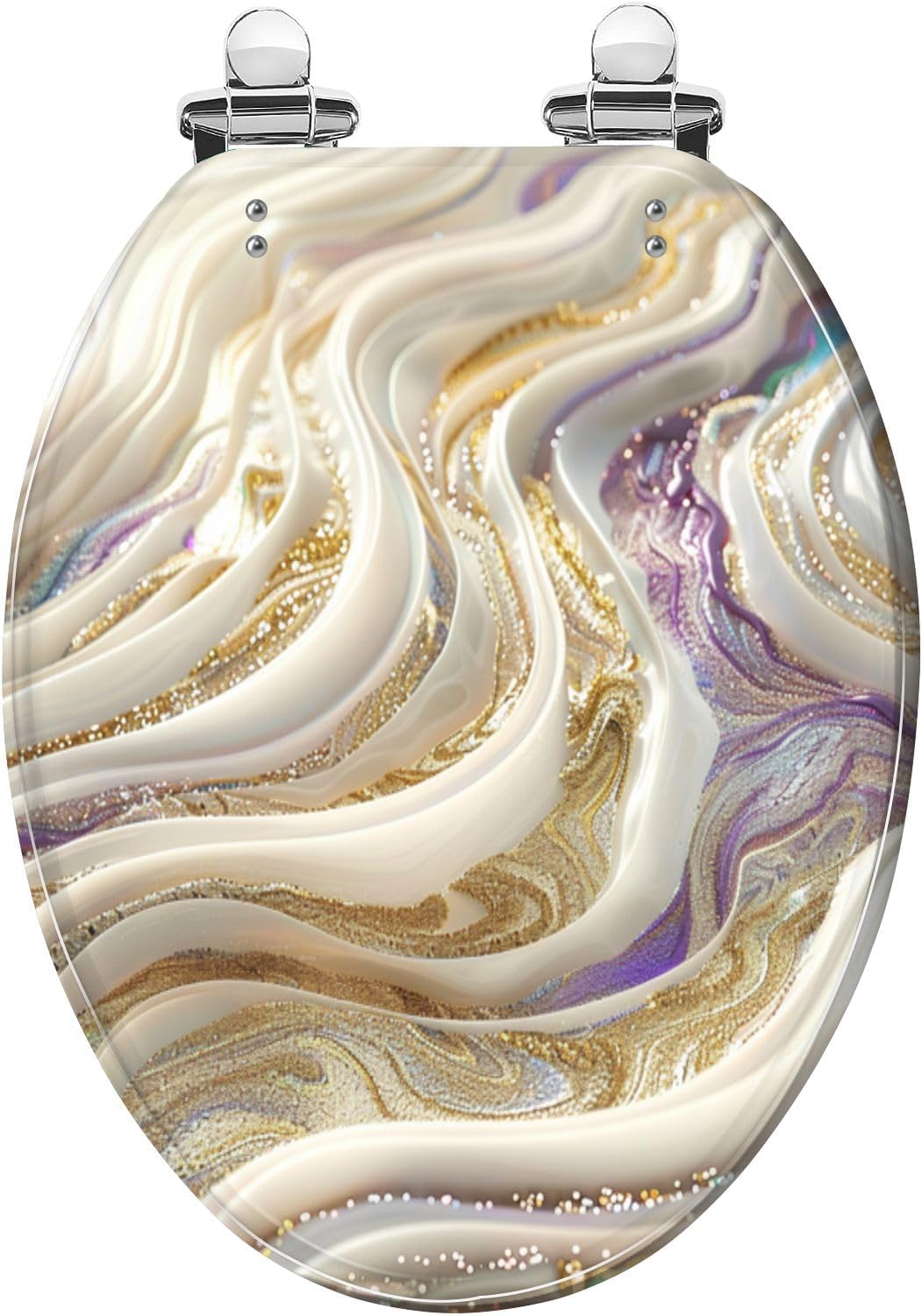 Elongated Toilet Seat White Marble Surface Gold Purple Veins Illustration Resin Toilet Seat Quietly Close Quick Release Hinges Decorative Toilet Seat with Cover Easy to Install
