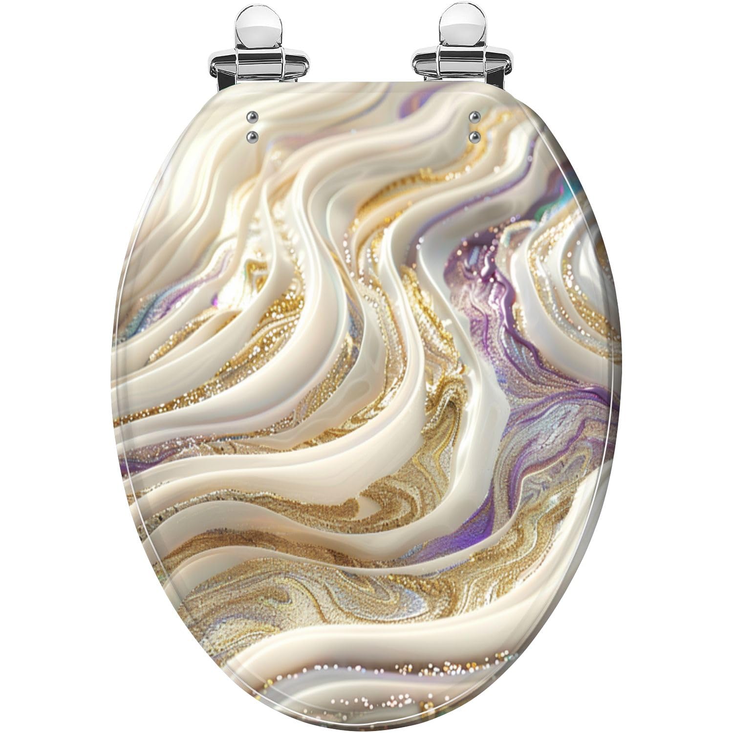 Asiento de inodoro decorativo alargado de resina, bisagras de liberación rápida, cierre suave, fácil instalación, vetas de mármol morado y dorado.