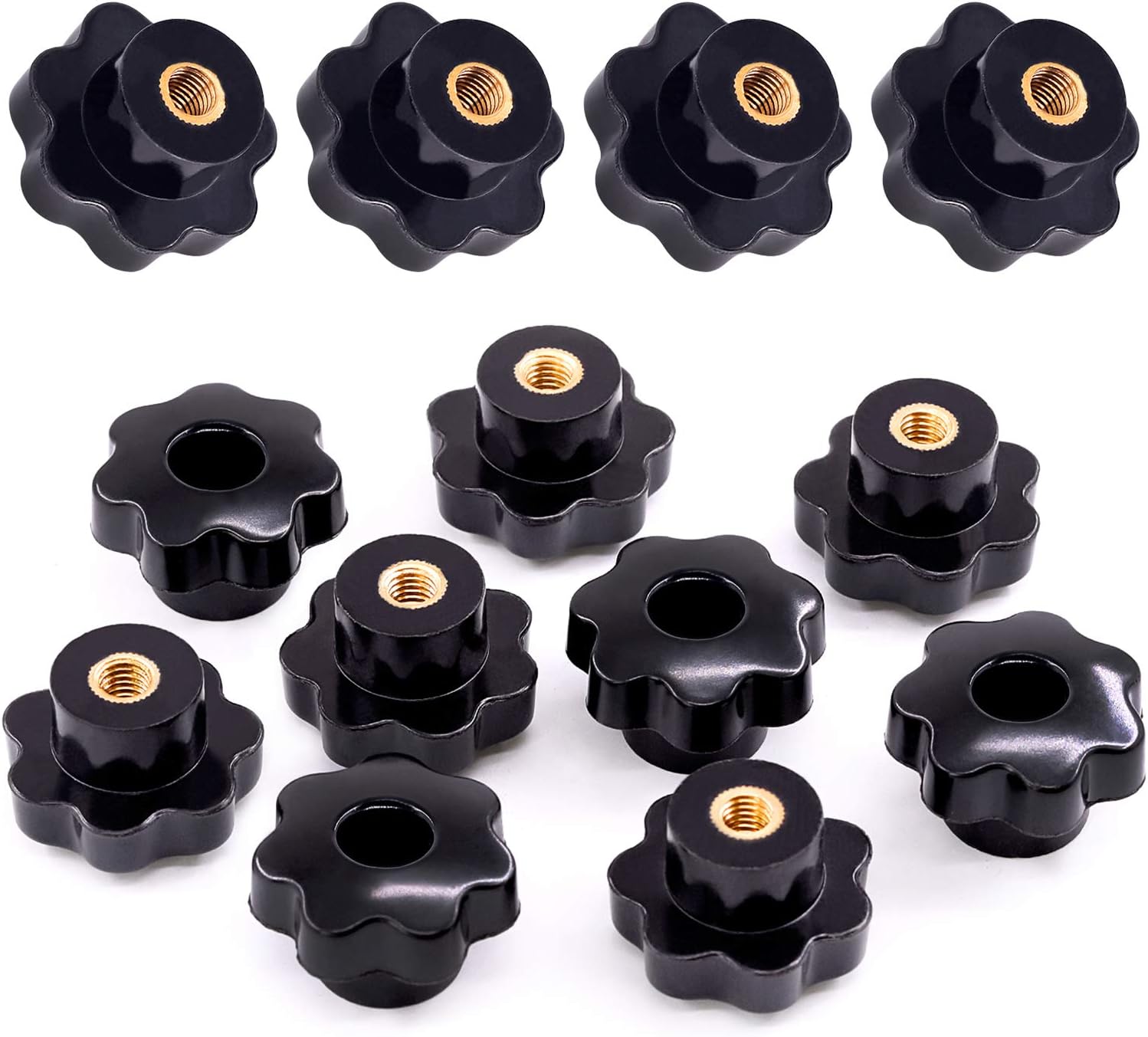 Swpeet 15Pcs M8 7 Star Through Hole Nut Clamping Knob Assortment Kit, Star Shape Black Plastic Screw-On Handle for Mechanical Equipment