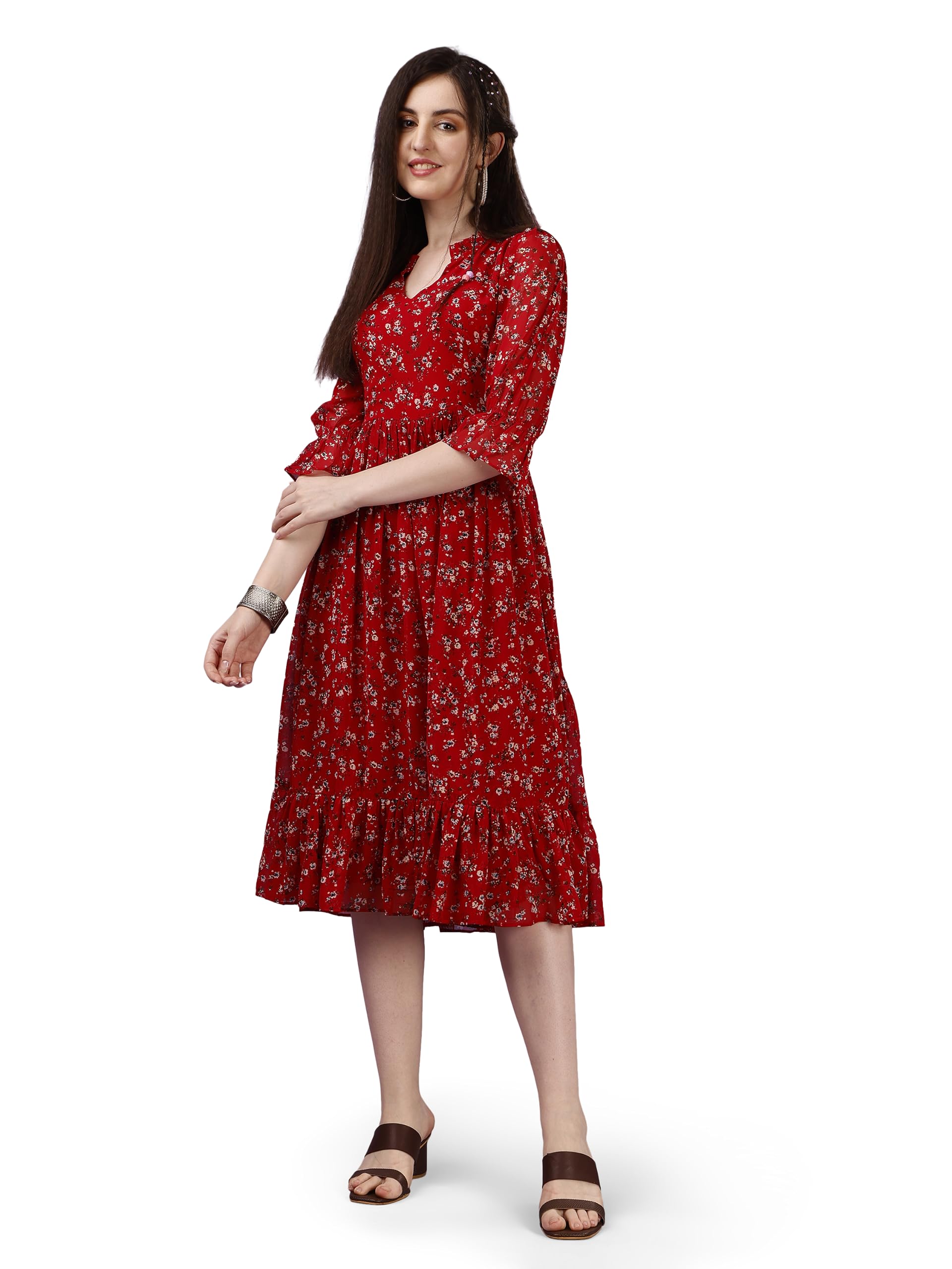 Fashion2wear Vestido midi casual con cuello redondo y estampado de flores georgette para niña