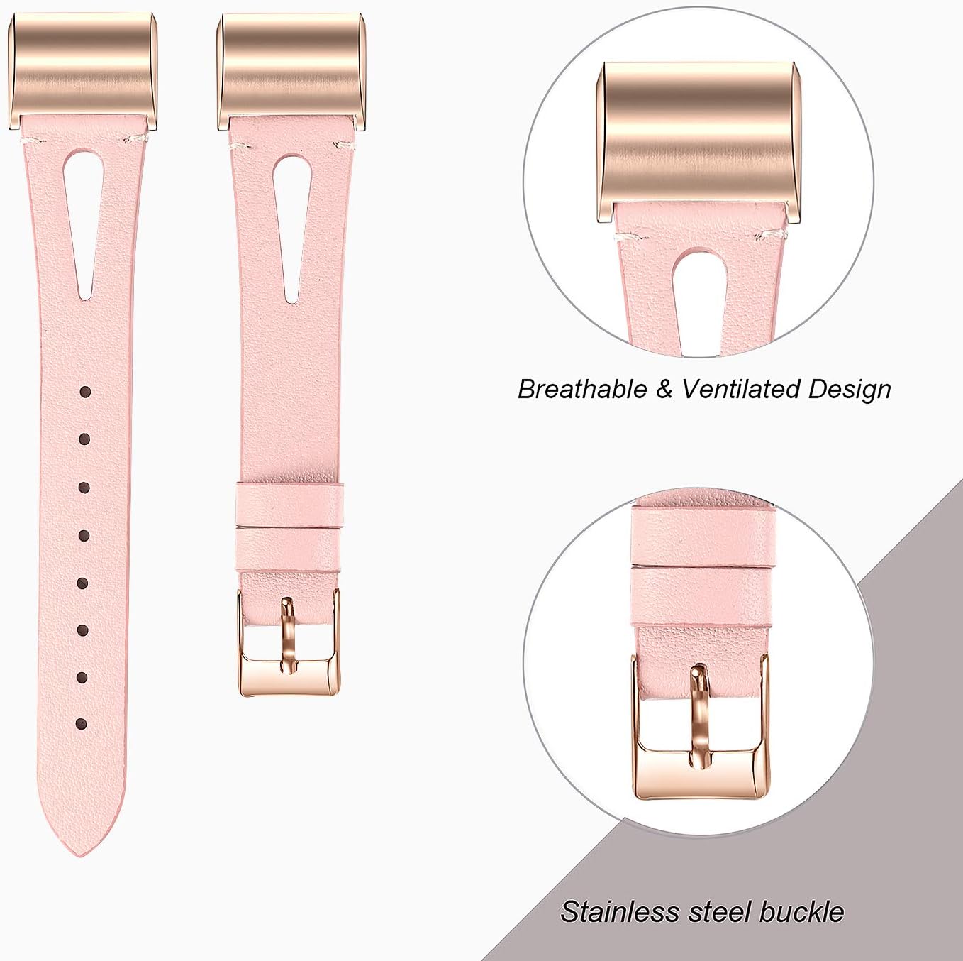 bayite Leather Bands Compatible with Fitbit Charge 2, Replacement Genuine Wristband Straps Women, Pink with Rose Gold Connector Small