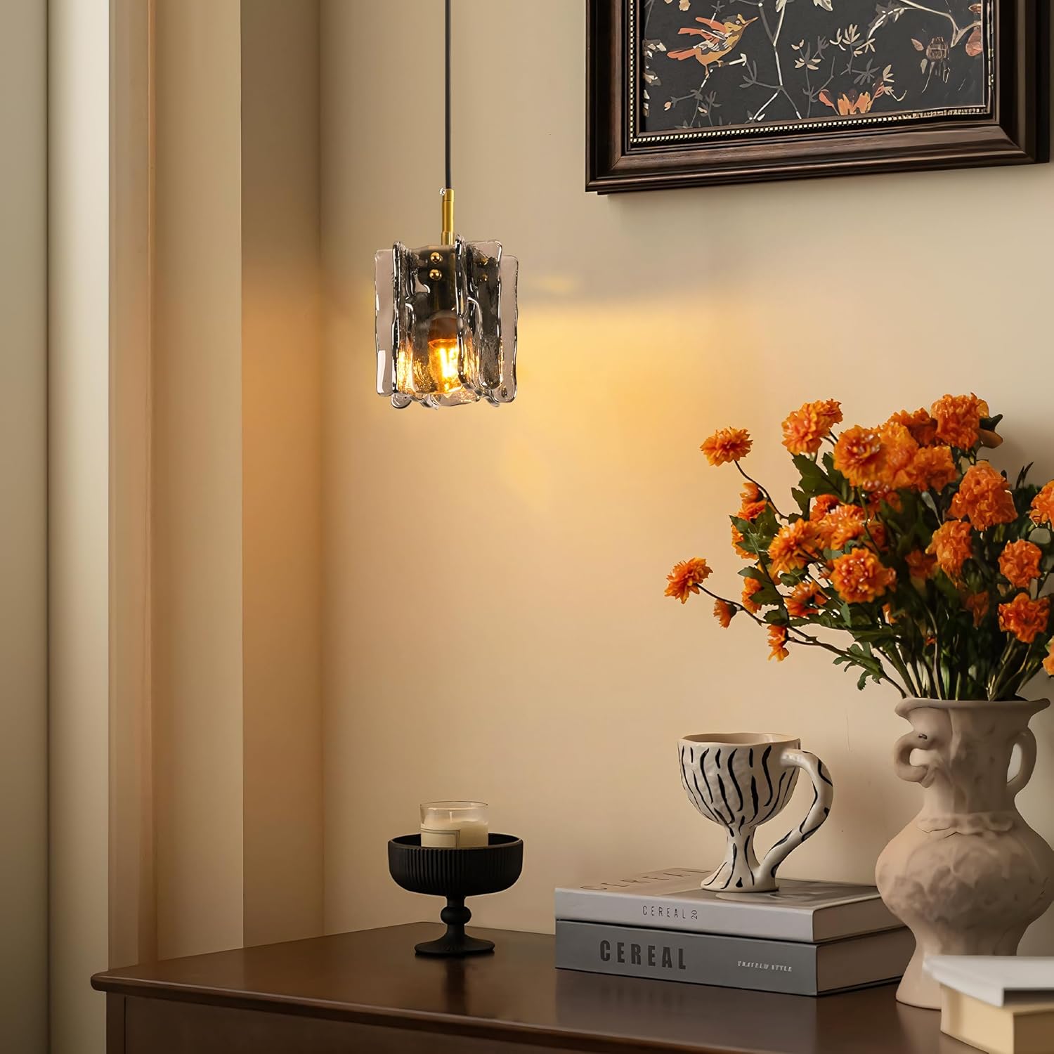 Black and Gold Dining Room Mini Chandelier Light Fixture 1-Light 4.7" W Modern Smoked Glass Mini Geometric Chandeliers Black Industrial Kitchen Island Pendant Lights for Dining Table