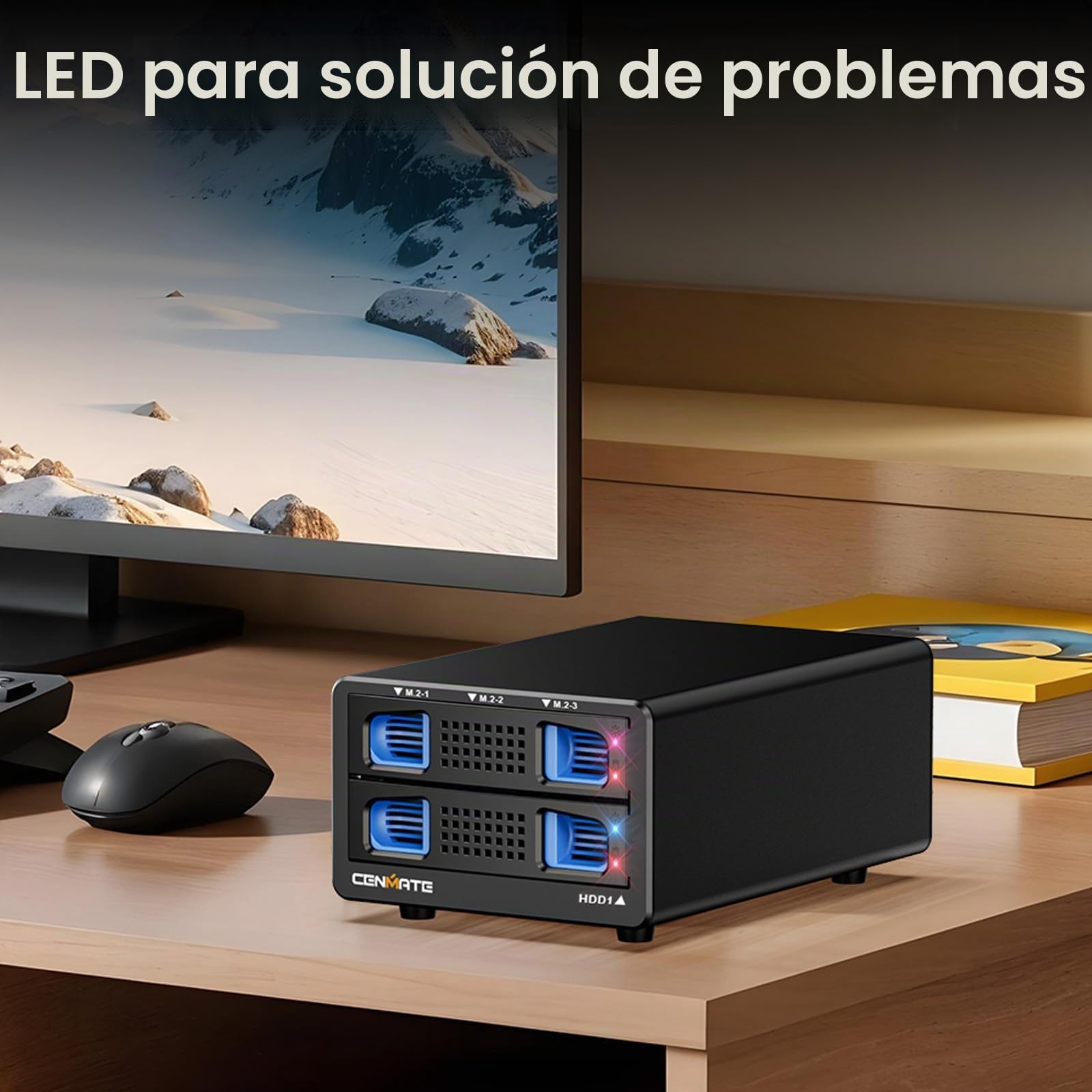 Carcasa NVMe Híbrida 3.5 HDD+3*M.2 con Ventilador para 2.5/3.5" SATA HDD/SSD, Carcasa Disco Duro USB3.2 Gen2 10Gbps Soporta 2230/42/60/80/110 SSD con 46TB de Capacidad(22TB HDD+3*8TB M.2 SSD)