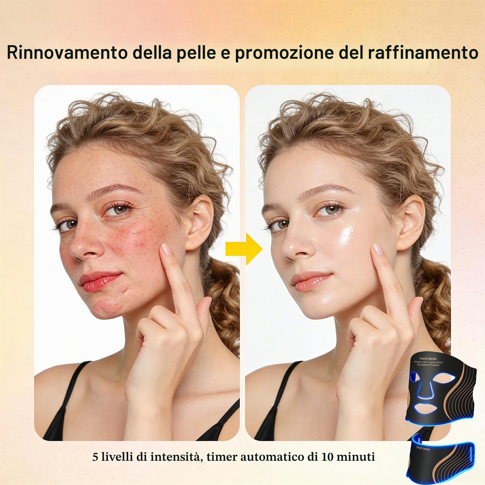 Maschera a LED per viso e collo, 7 colori, dispositivo di bellezza rosso e a infrarossi, 309 LED 3 in 1, 5 livelli di intensità, timer automatico, telecomando cablato, maschera per la cura
