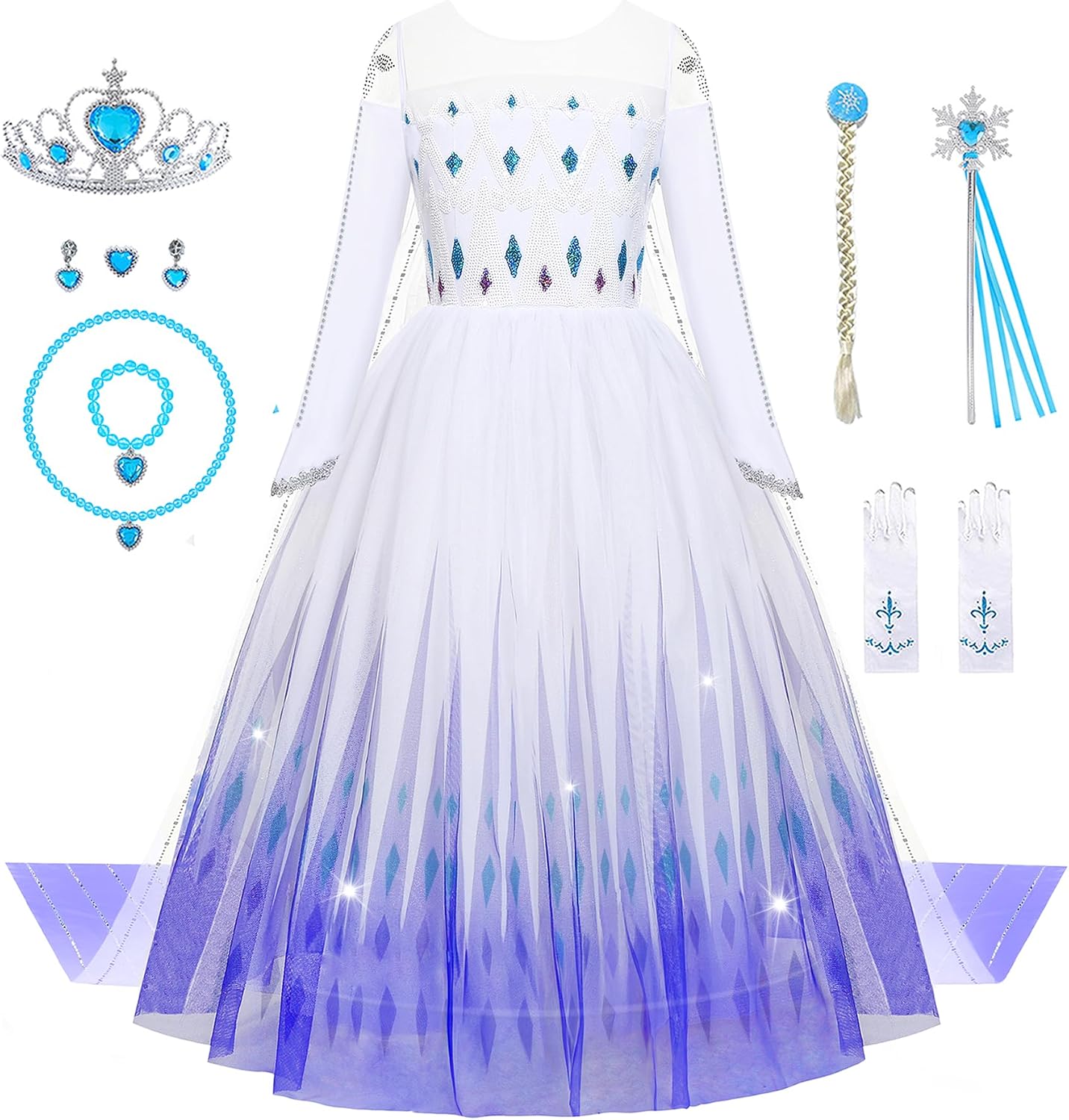 Aoiviss Girls Princess Costumes Snow Queen Princess Dresses Fancy Dress Up Clothes for Halloween Snow Party Cosplay, White