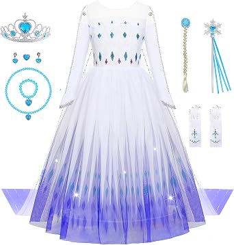 Aoiviss Girls Princess Costumes Snow Queen Princess Fancy Dress Up Clothes | White Princess Dresses for Little Girls with Cape and Accessories, for Halloween Snow Party Cosplay, 3-12 Years