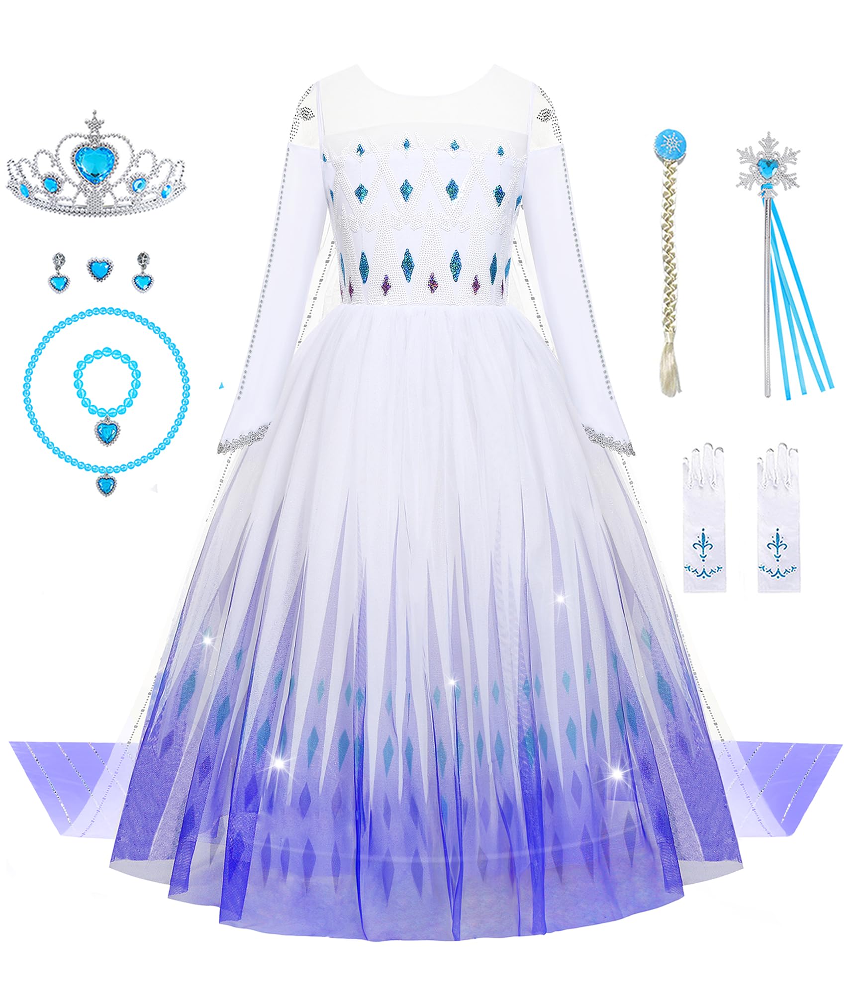 Aoiviss Vestido de Princesa de Lentejuelas para Niñas Disfraz de Princesa de Manga Larga de Diamante Blanco Fiesta Carnaval