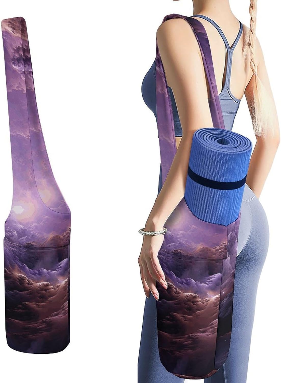 Purple Galaxy Yoga Mat Bag Yoga Backpack Multi Pocket Exercise Yoga Mat Carrier Multi-Functional Storage Bag for Pilates Beach Travel And Everyday Use