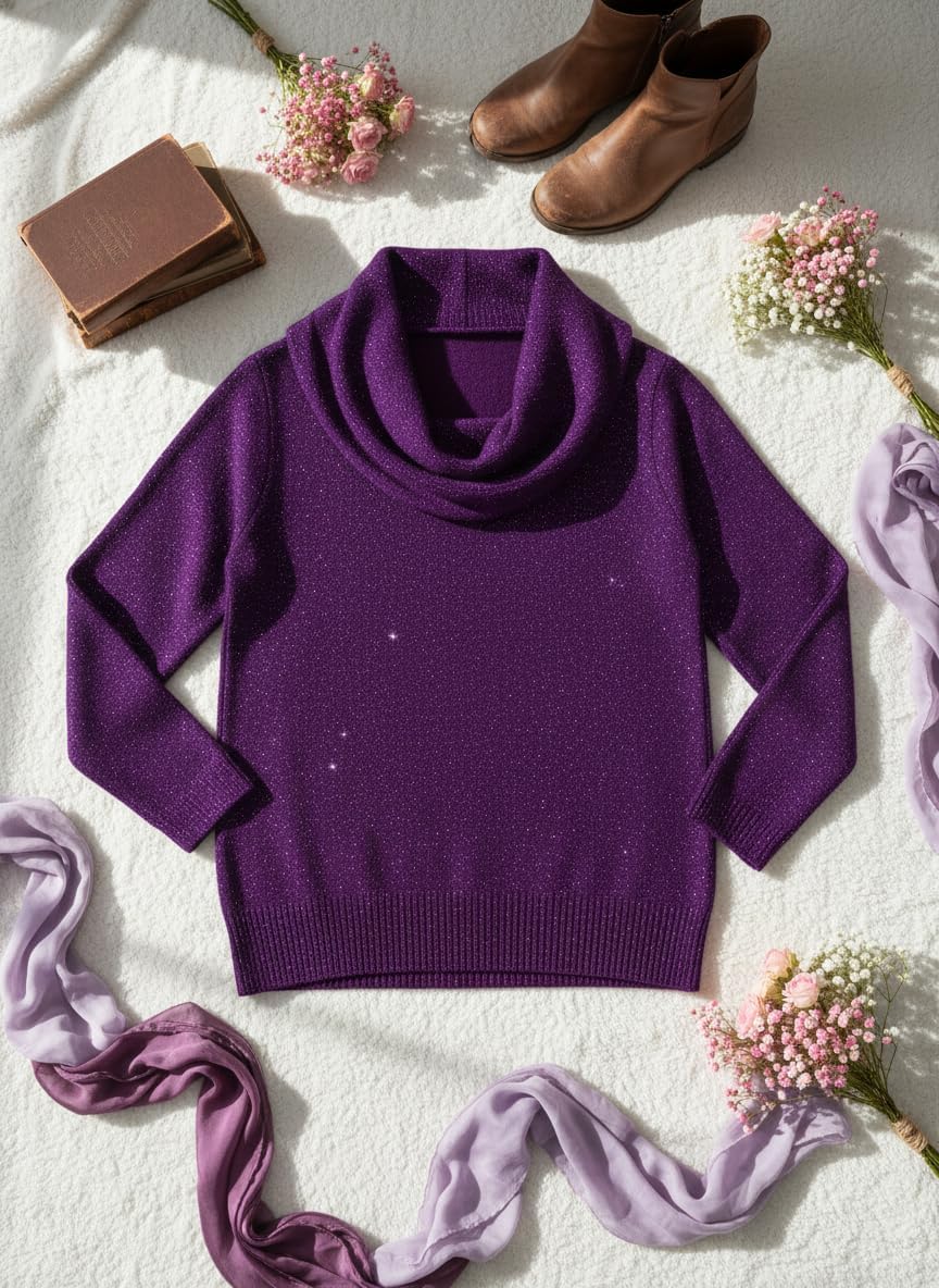 TIAFORD 2025 Christmas Glitter Cowl Neck Sweater for Women Trendy Festive Holiday Shimmer Knit Long Sleeve Pullover Tops