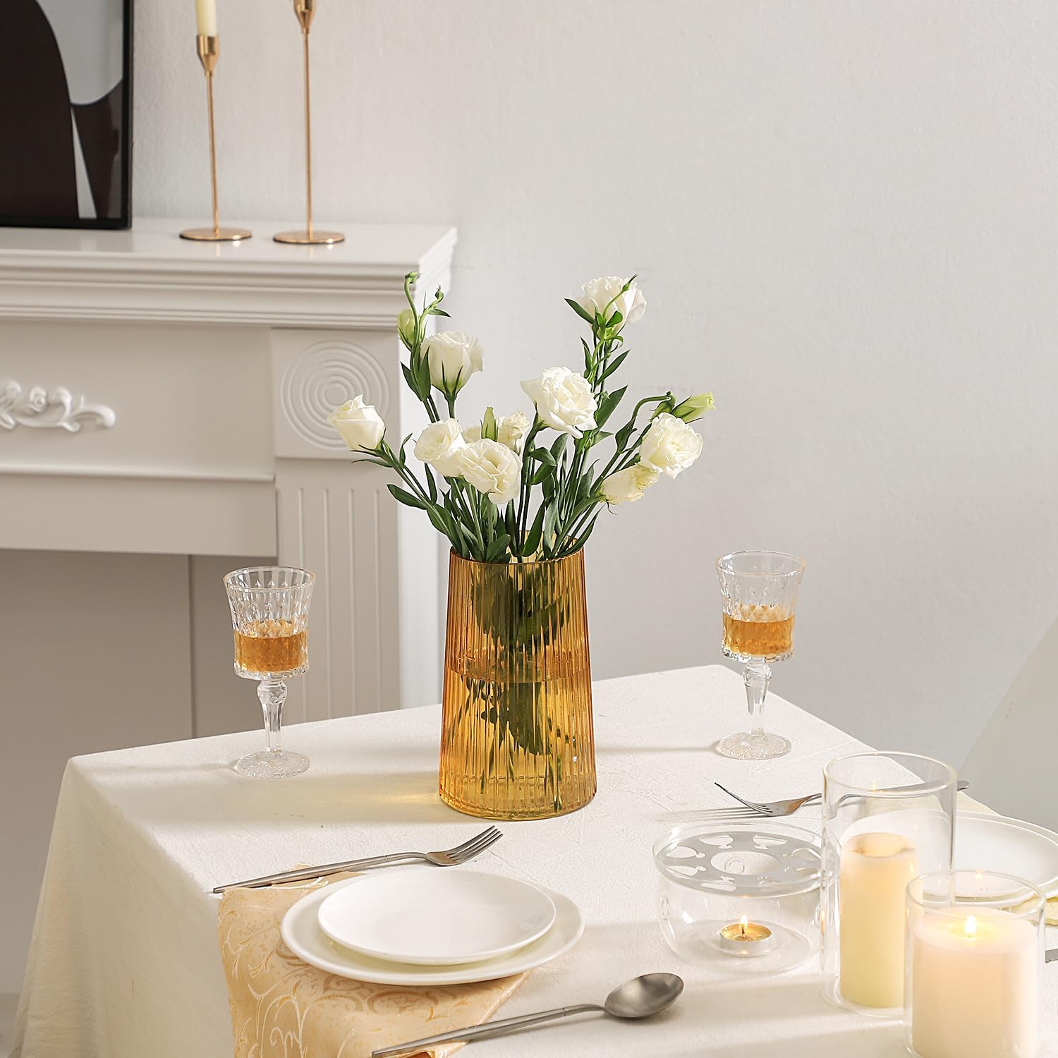 Amber Glass Vase for Flower, Flower Vase for Bouquet, Modern Glass Vases, Ribbed Vases for Living Room, Bedroom, Dining Table, Office, Wedding, Centerpieces, 8 Inches - Image 3