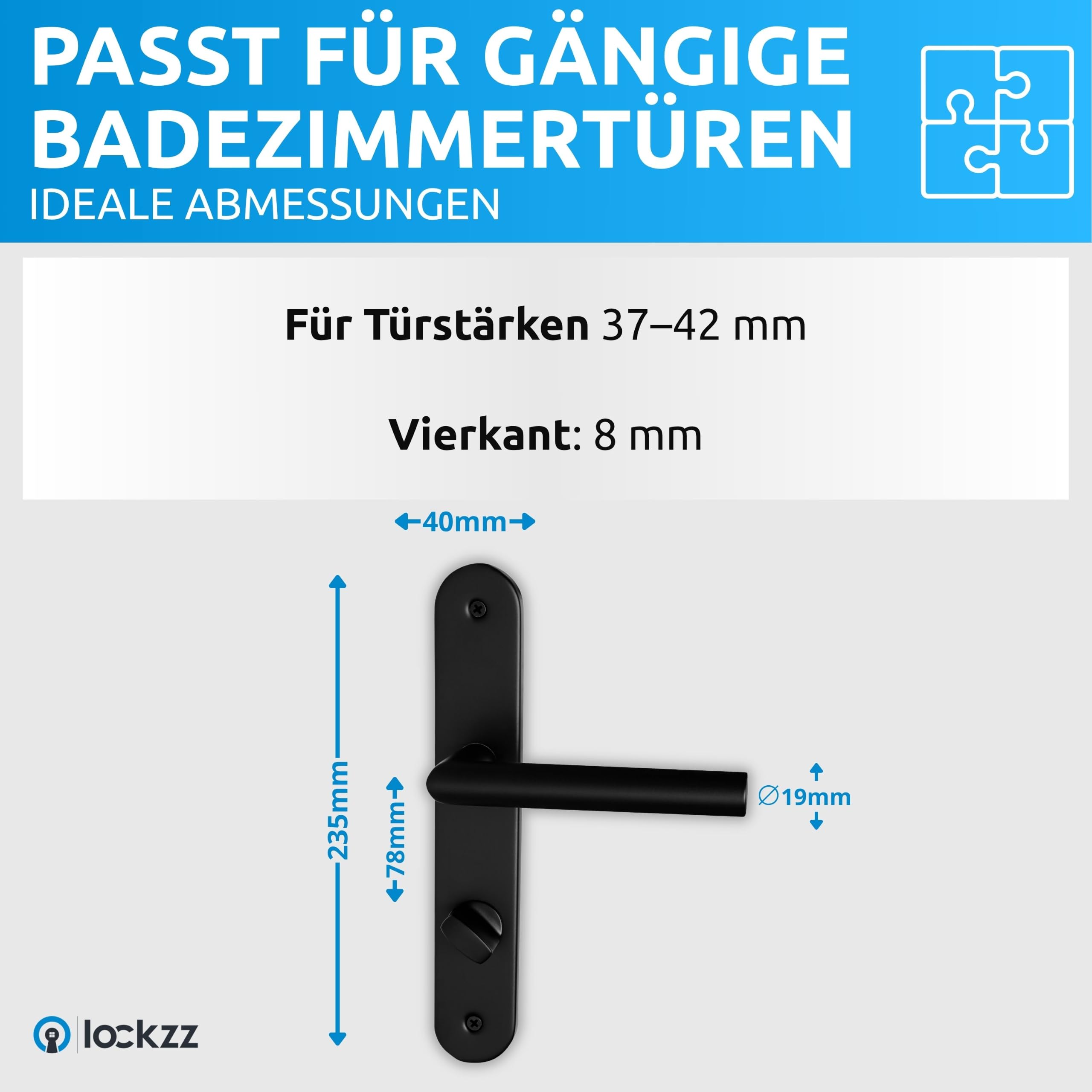 lockzz Türgriff Drückergarnitur Estenfeld Schwarz Matt – Badtürbeschlag Edelstahl L-Form für Badezimmertüren & WC – WC-Verriegelung inkl. Hochhaltefeder – Kompaktes Langschild Türdrücker Set